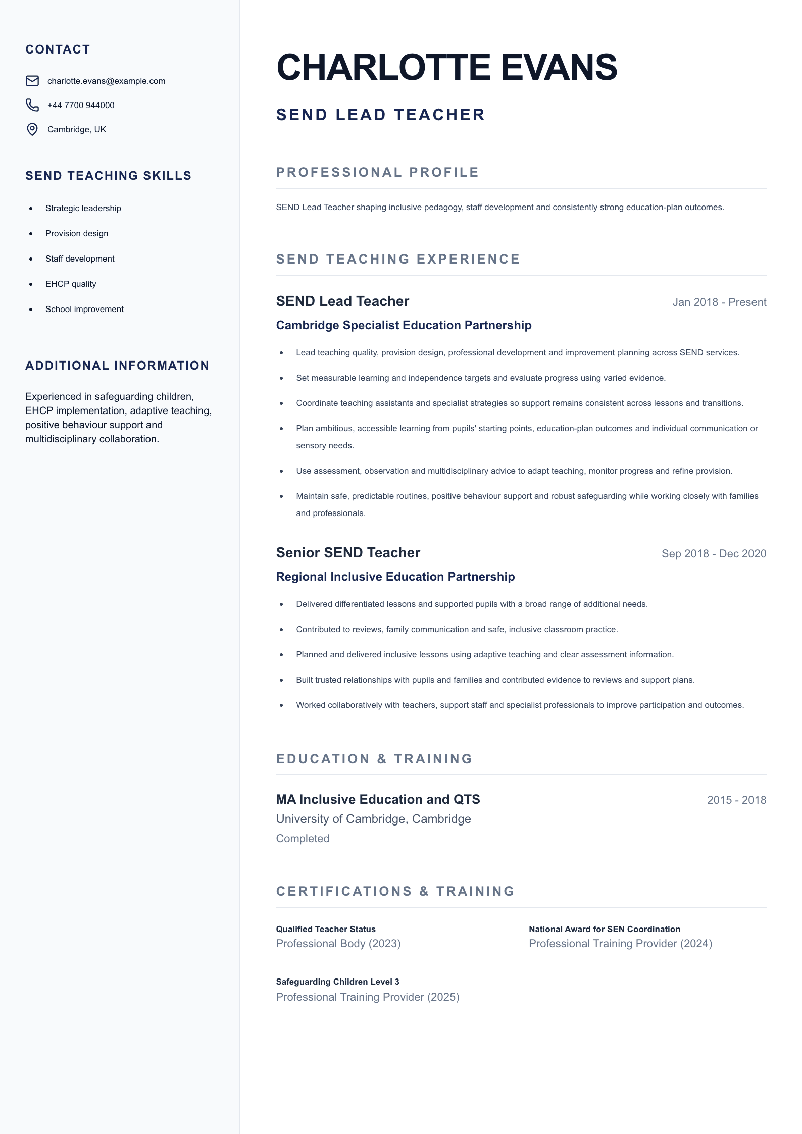 SEND Lead Teacher CV template
