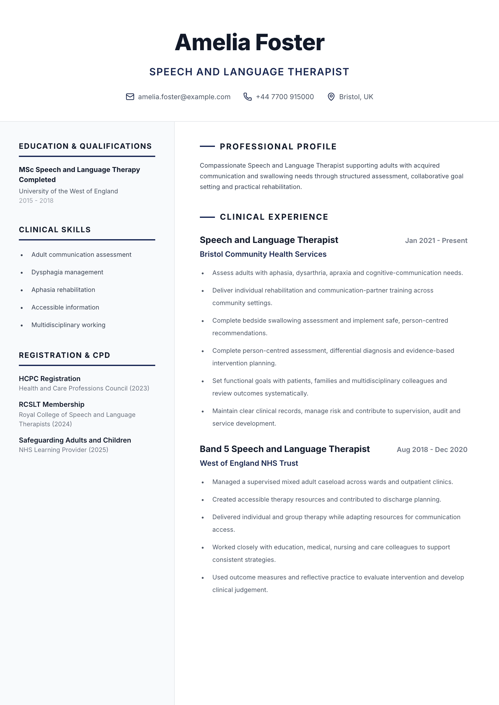 Speech and language therapist CV
