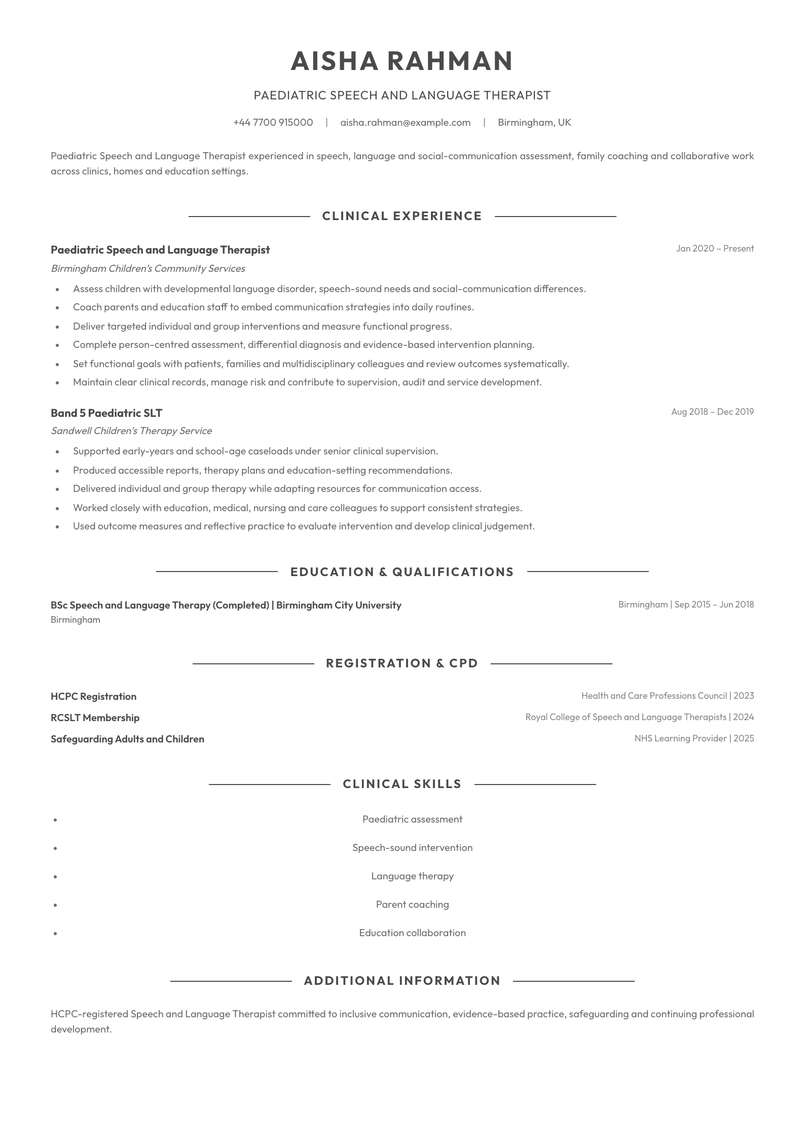 Paediatric Speech and Language Therapist CV template