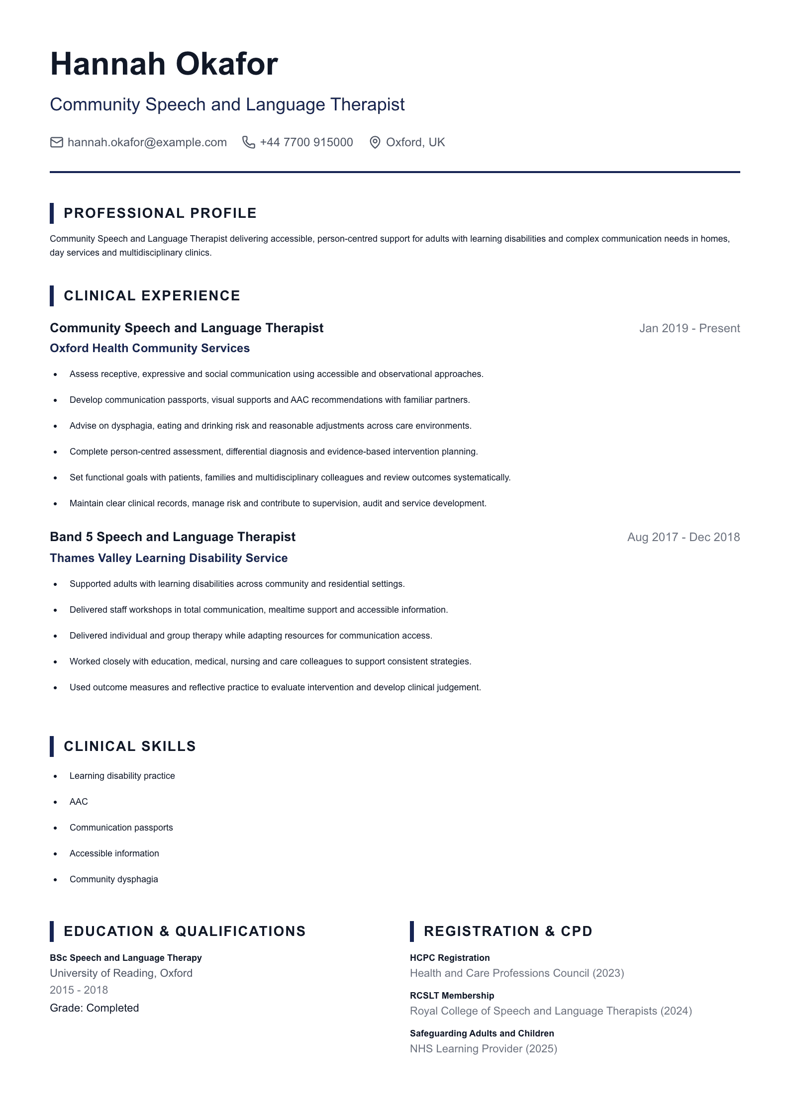 Community Speech and Language Therapist CV template
