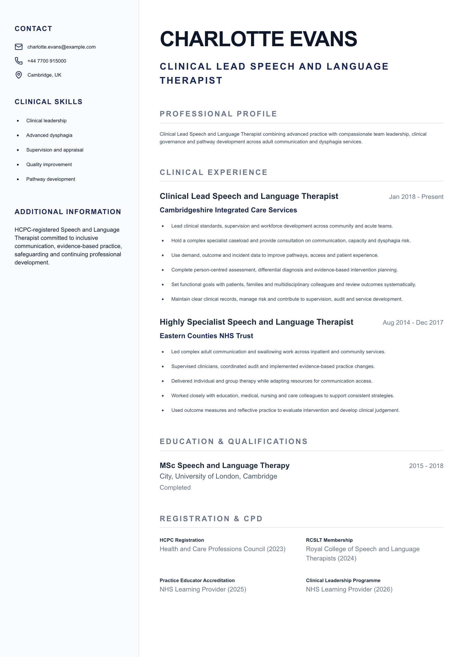 Clinical Lead SLT CV template