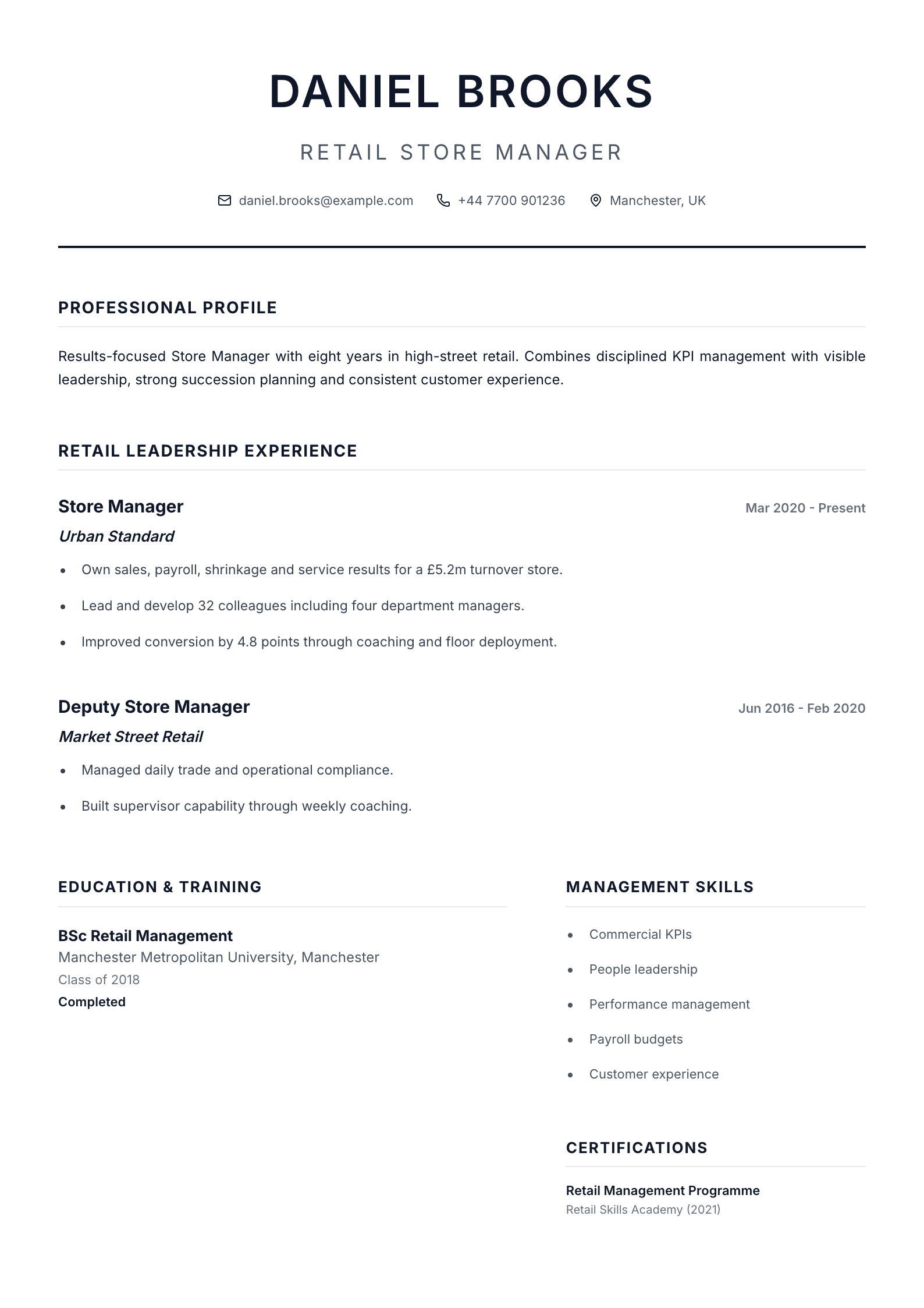 Store manager CV