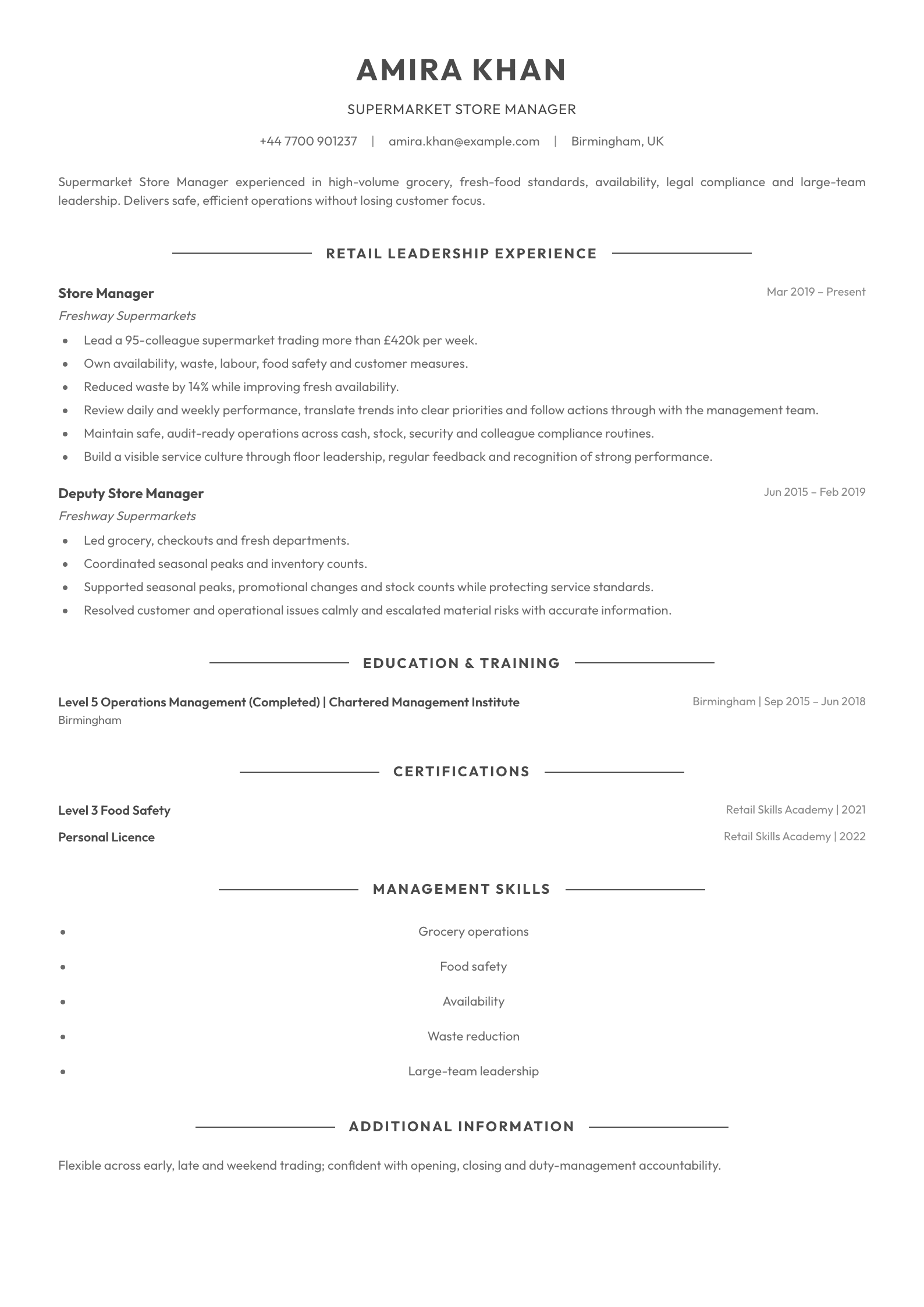 Supermarket Store Manager CV template