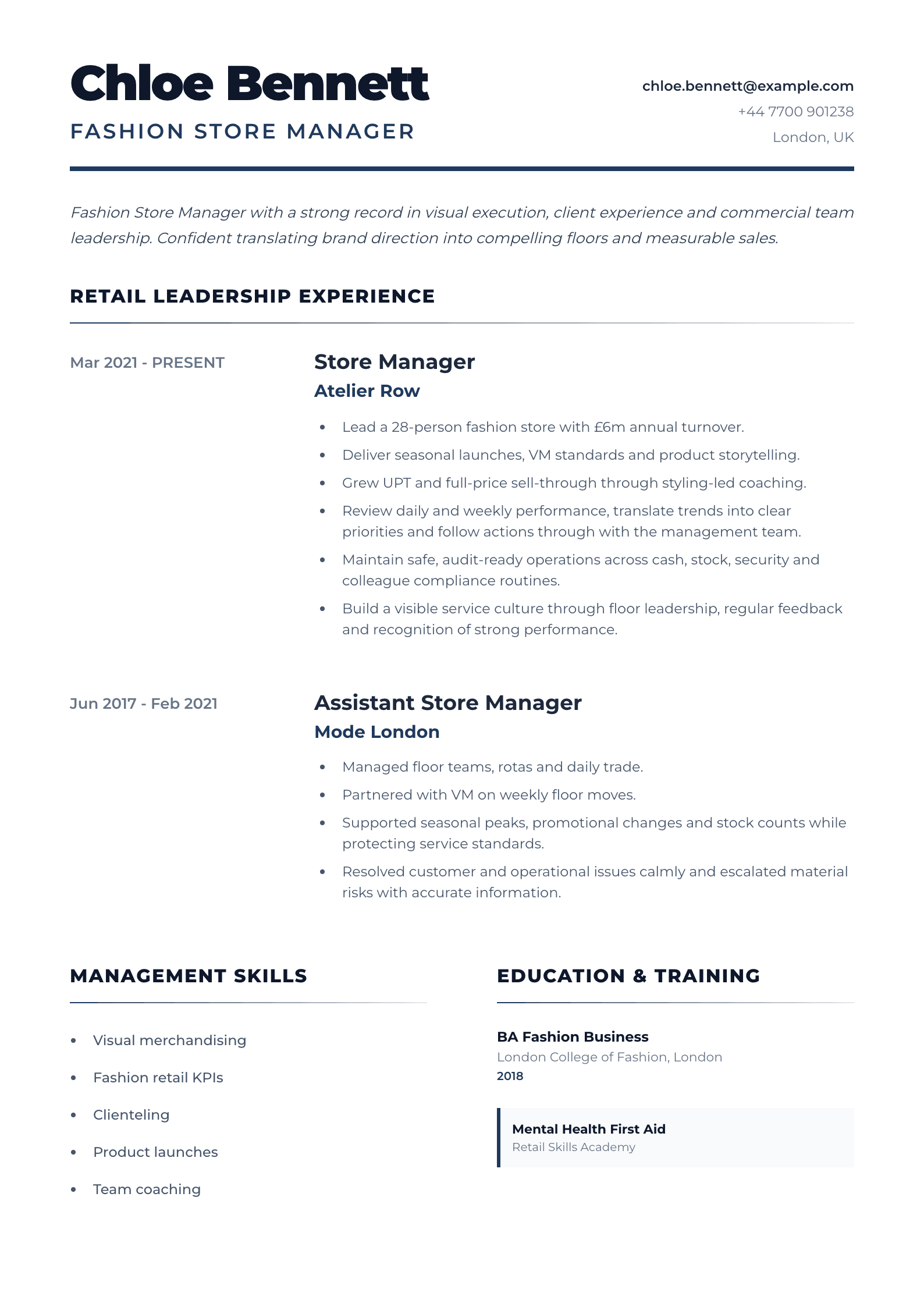 Fashion Store Manager CV template