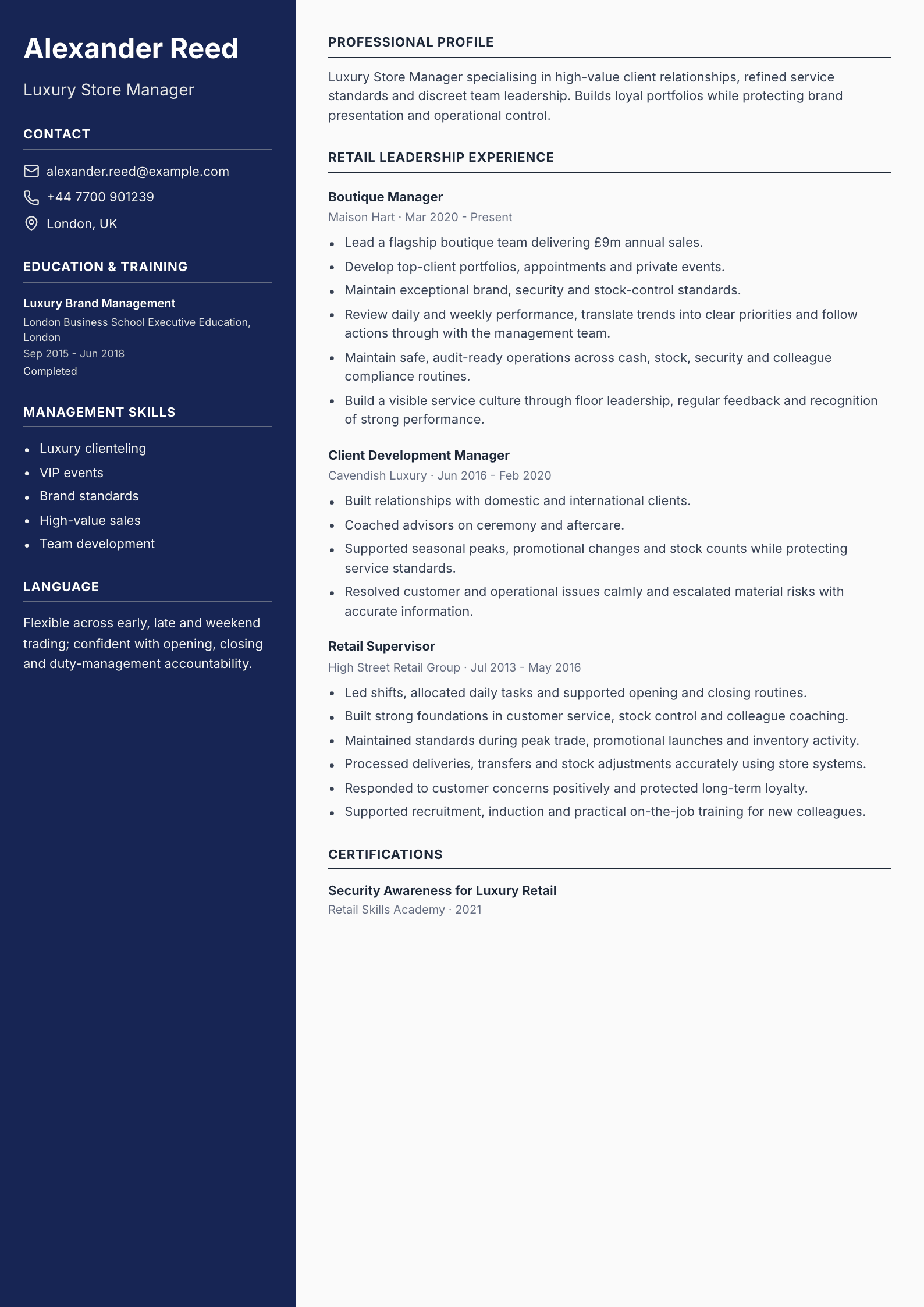 Luxury Store Manager CV template