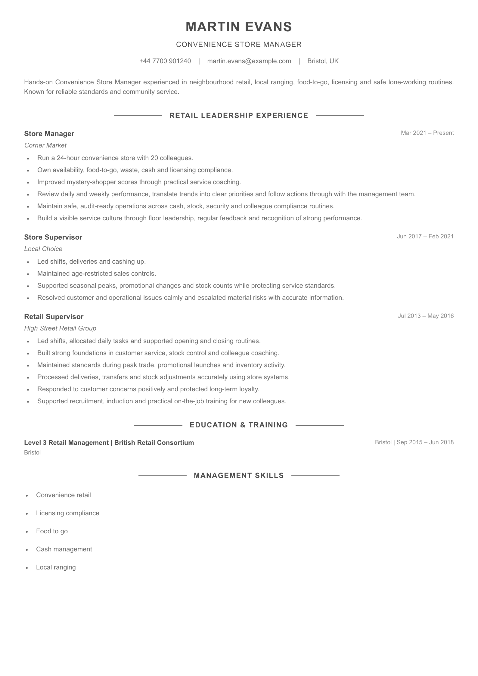 Convenience Store Manager CV template