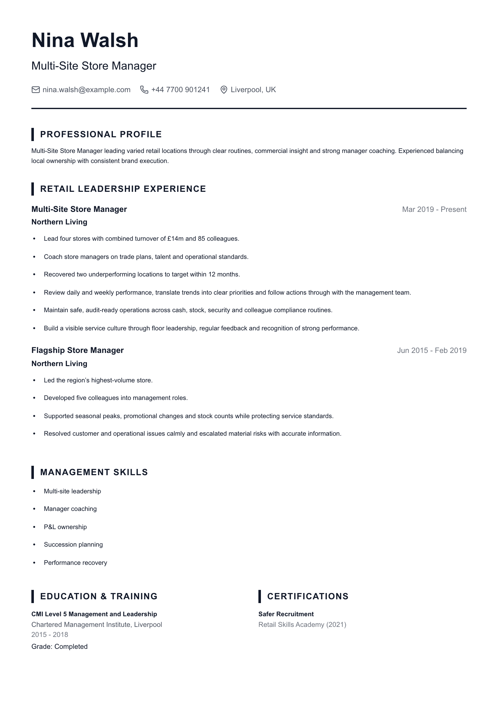 Multi-Site Store Manager CV template