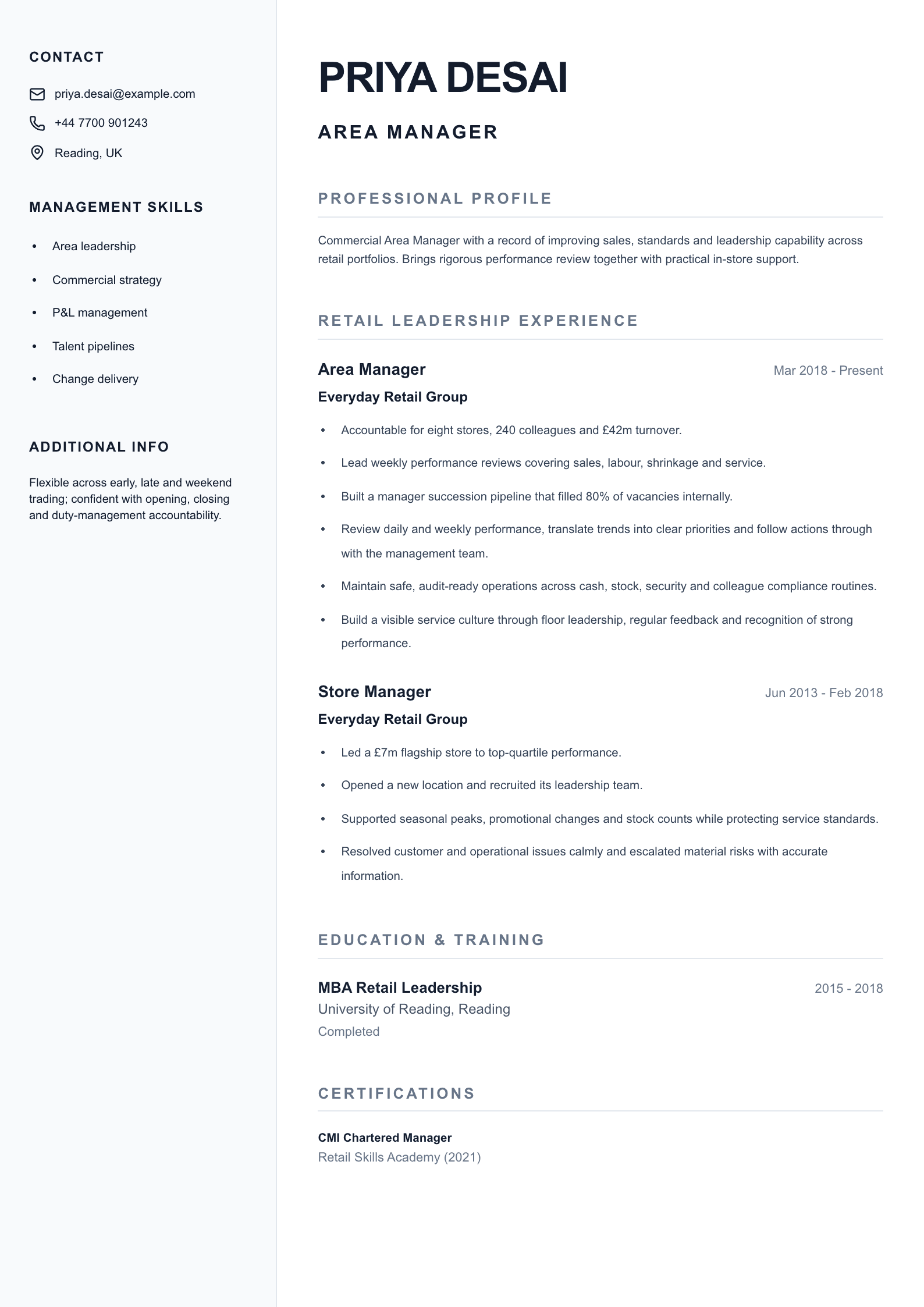 Area Manager CV template