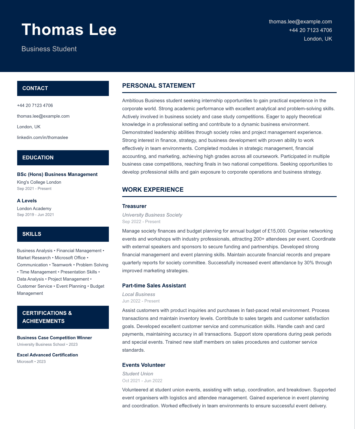 free student cv template internship seeker