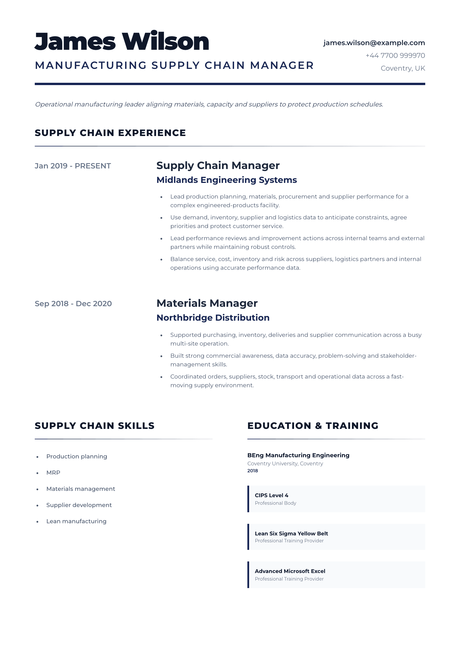 Manufacturing Supply Chain Manager CV template
