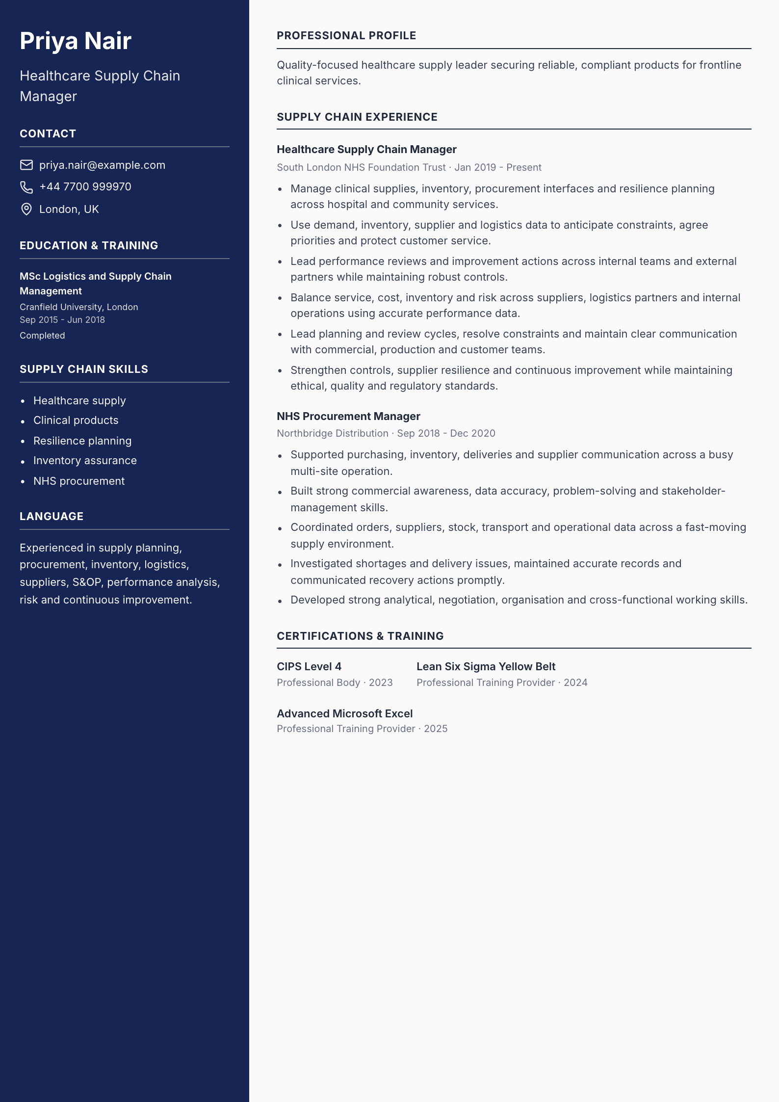 Healthcare Supply Chain Manager CV template