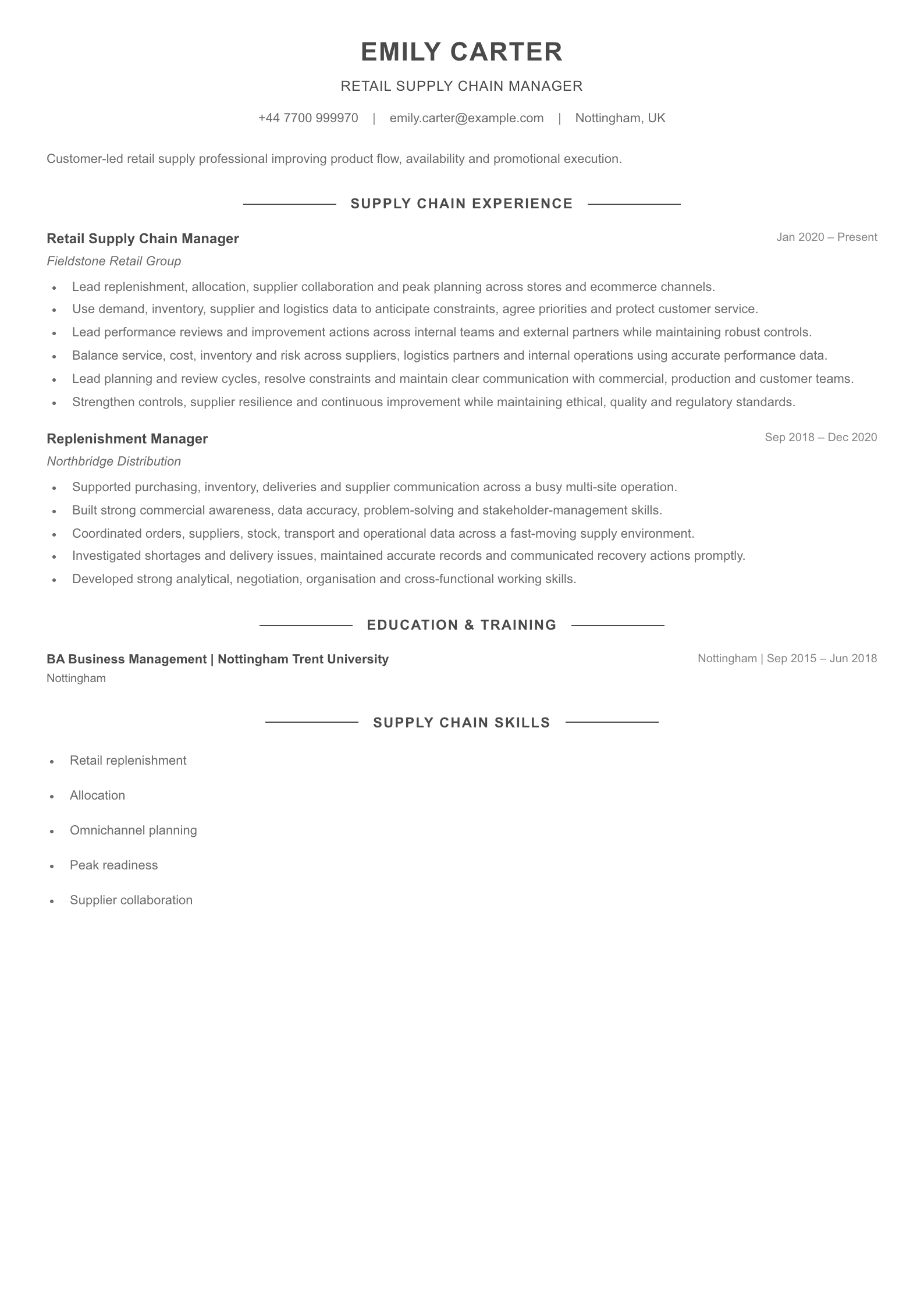 Retail Supply Chain Manager CV template