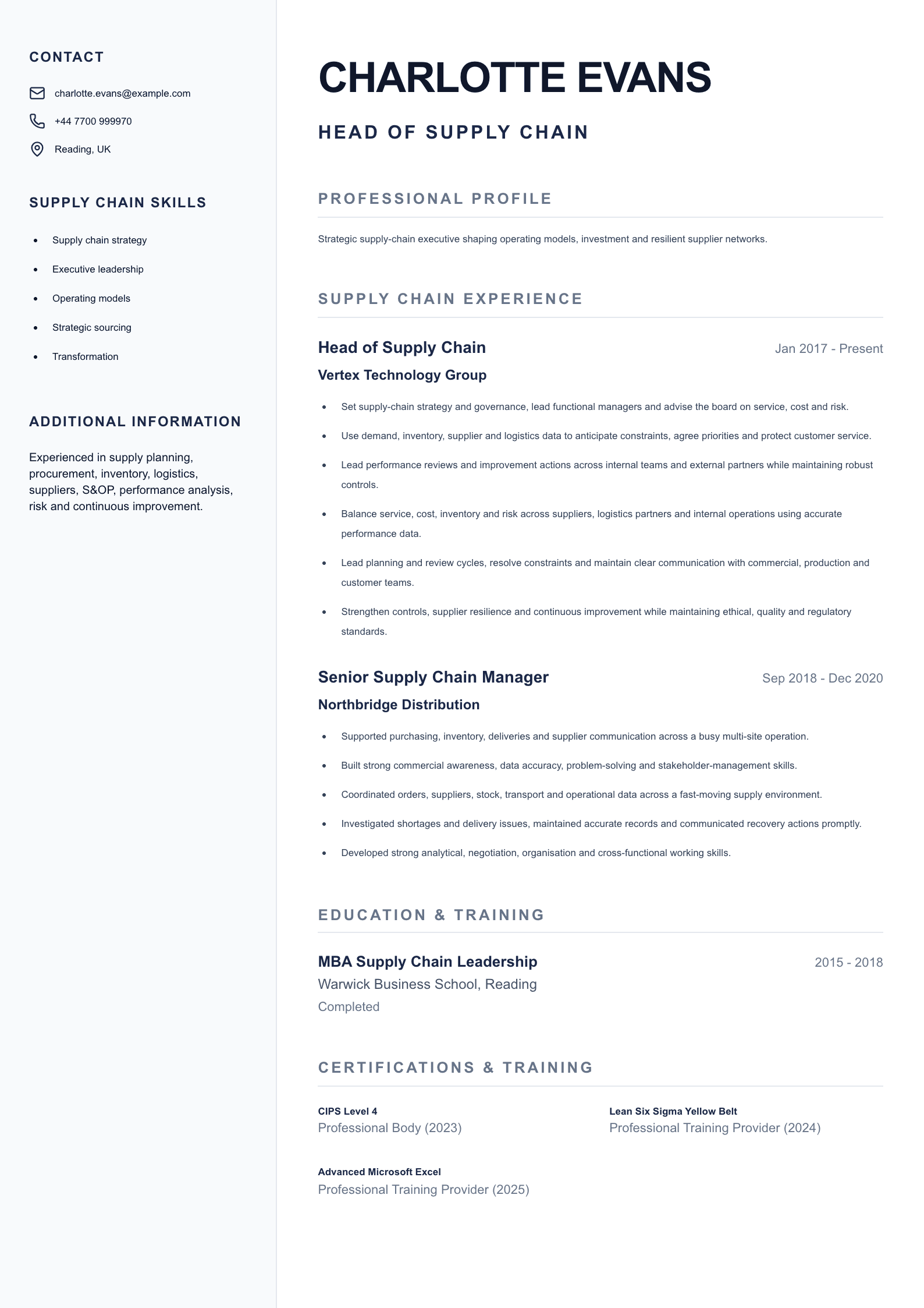 Head of Supply Chain CV template