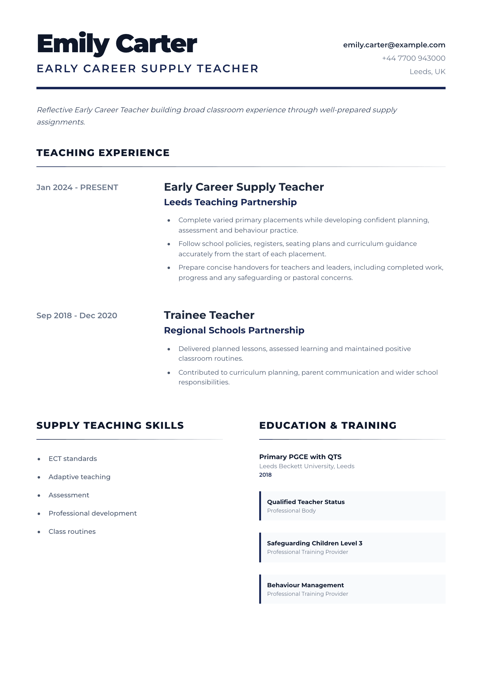 Early Career Supply Teacher CV template