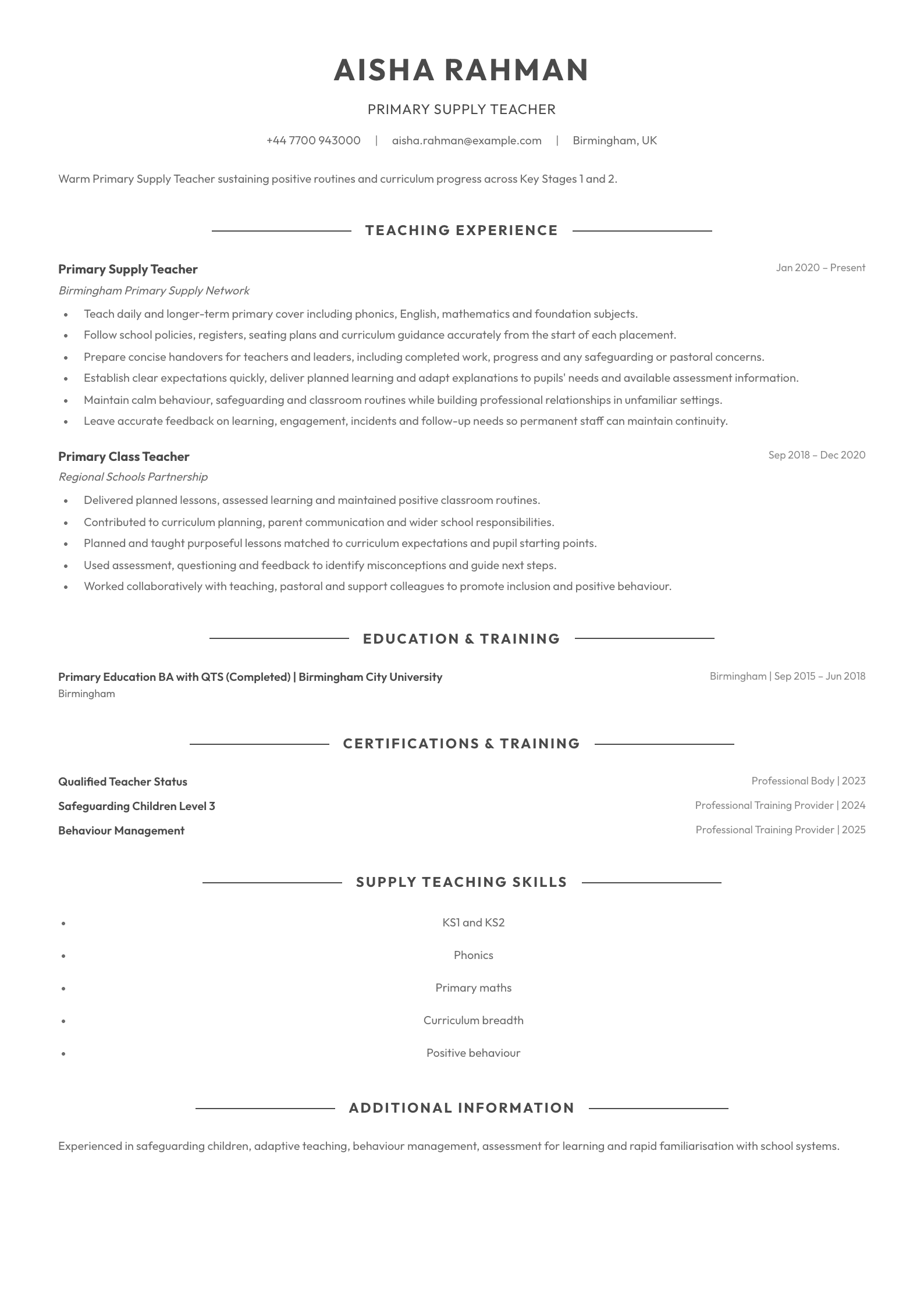 Primary Supply Teacher CV template