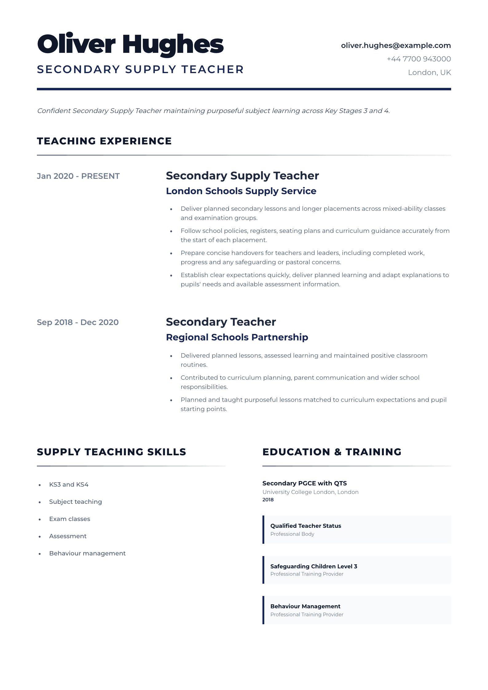 Secondary Supply Teacher CV template