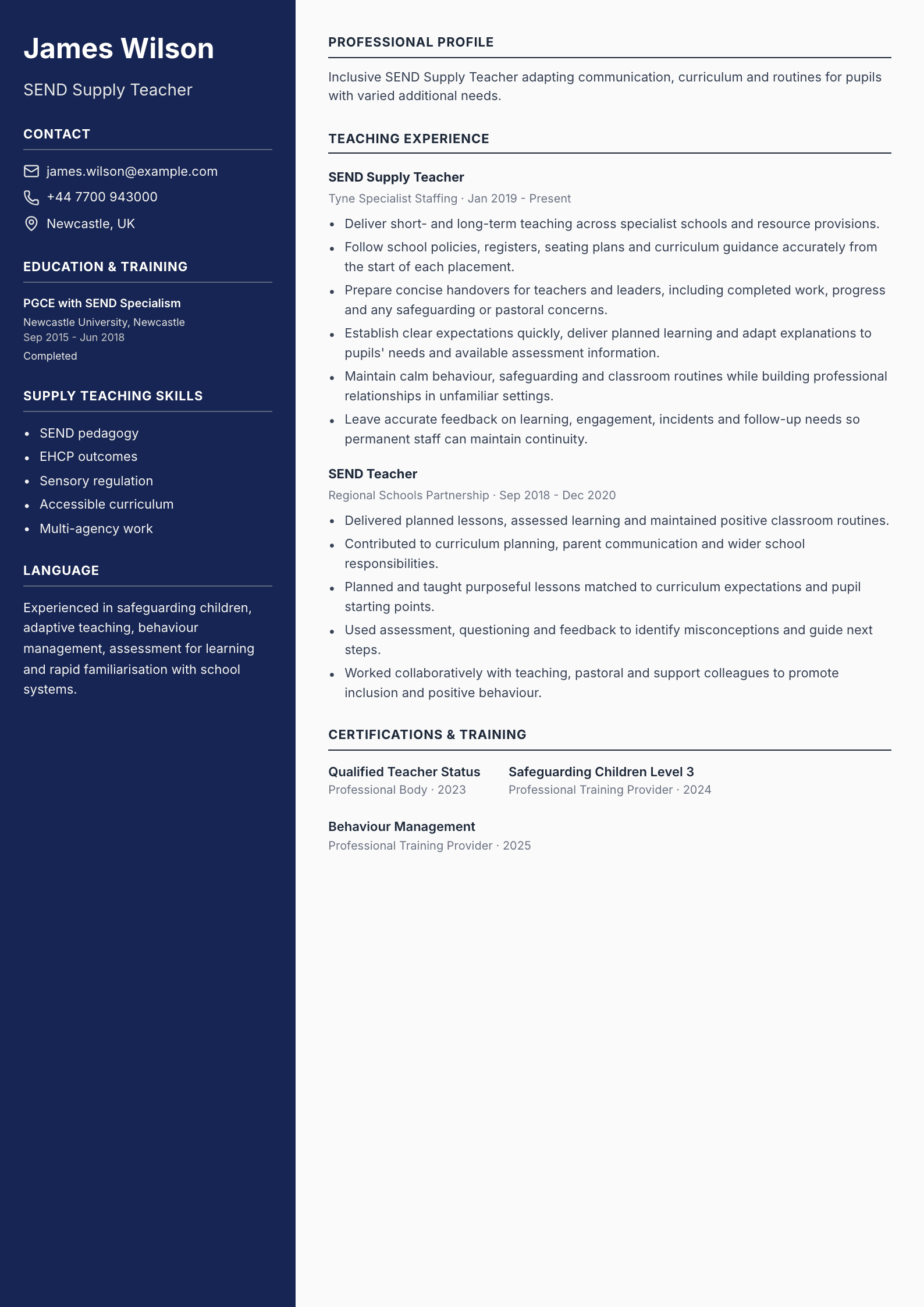 SEND Supply Teacher CV template