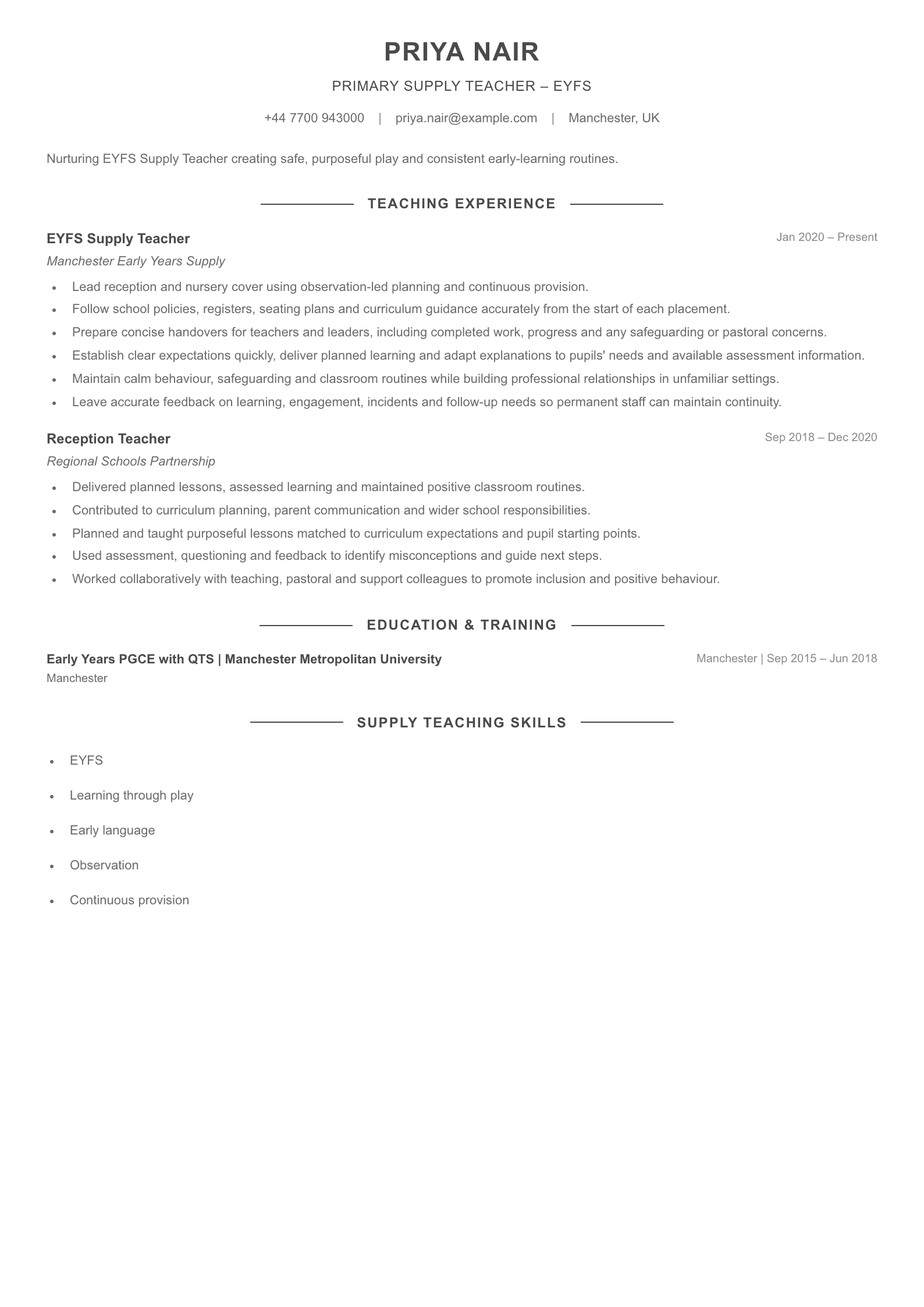 Primary Supply Teacher – EYFS CV template