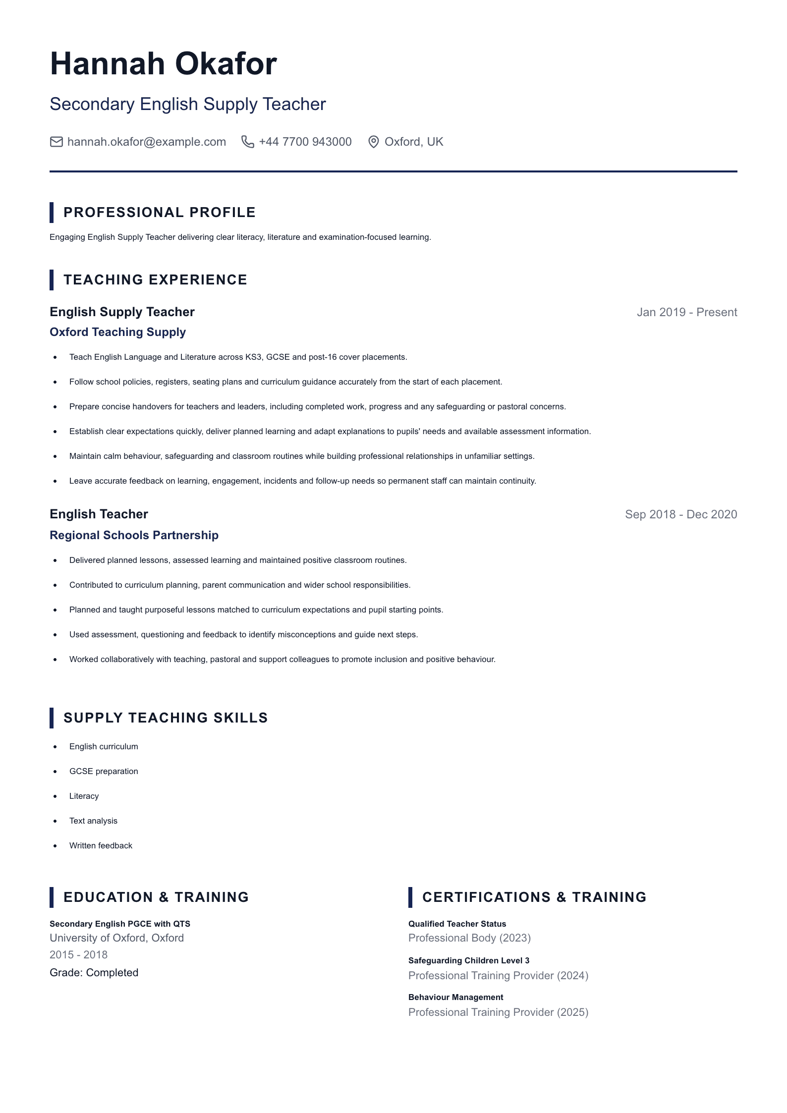 Secondary English Supply Teacher CV template