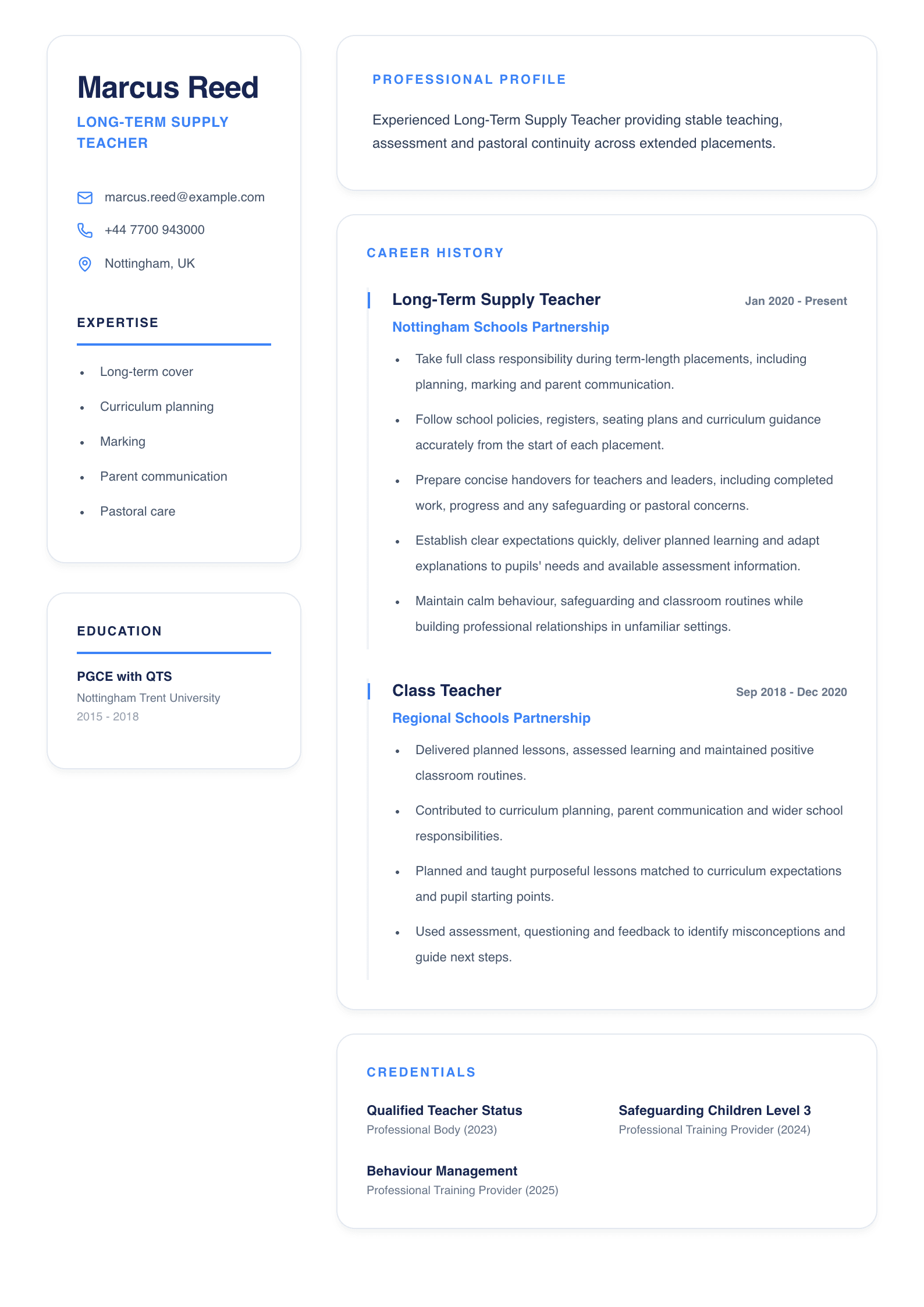 Long-Term Supply Teacher CV template