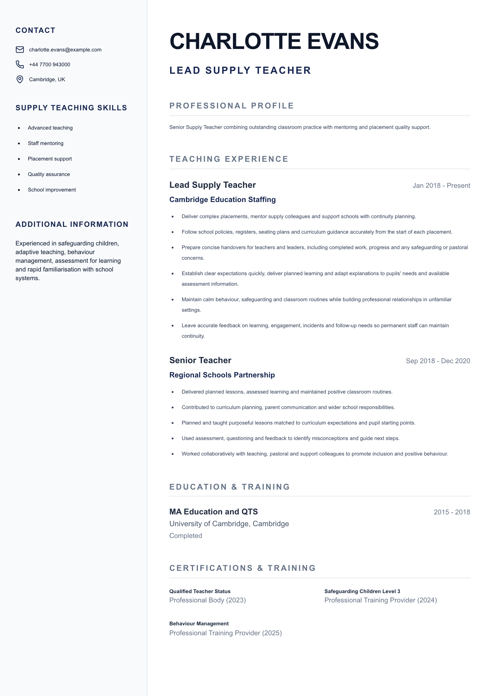 Lead Supply Teacher CV template