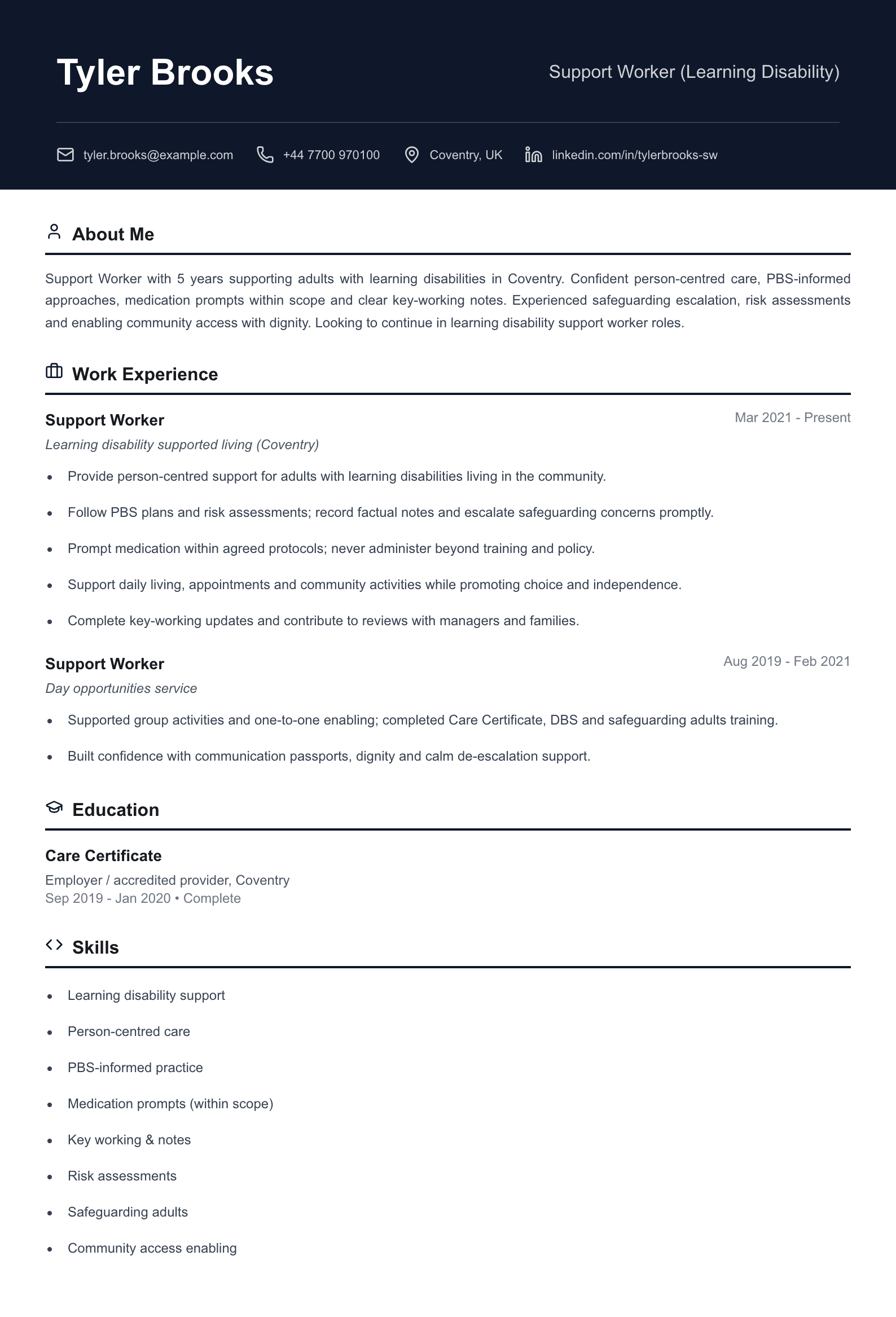 Learning disability support worker CV template
