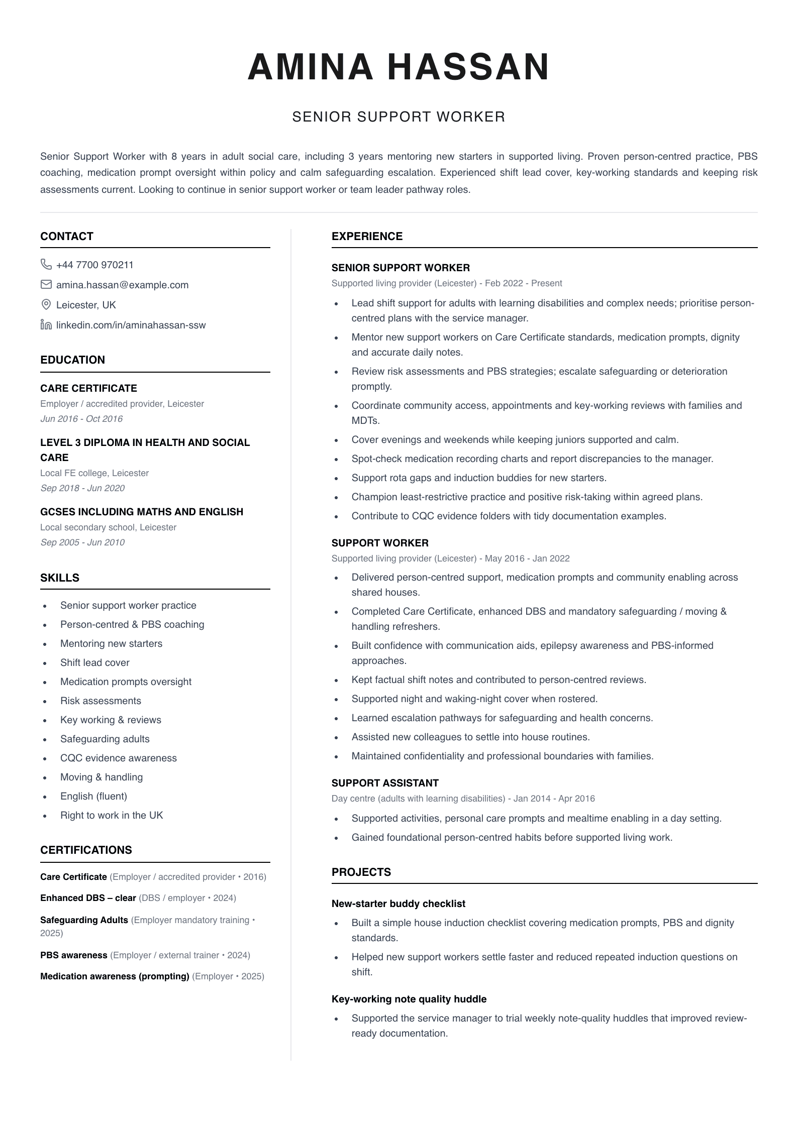 senior support worker cv template