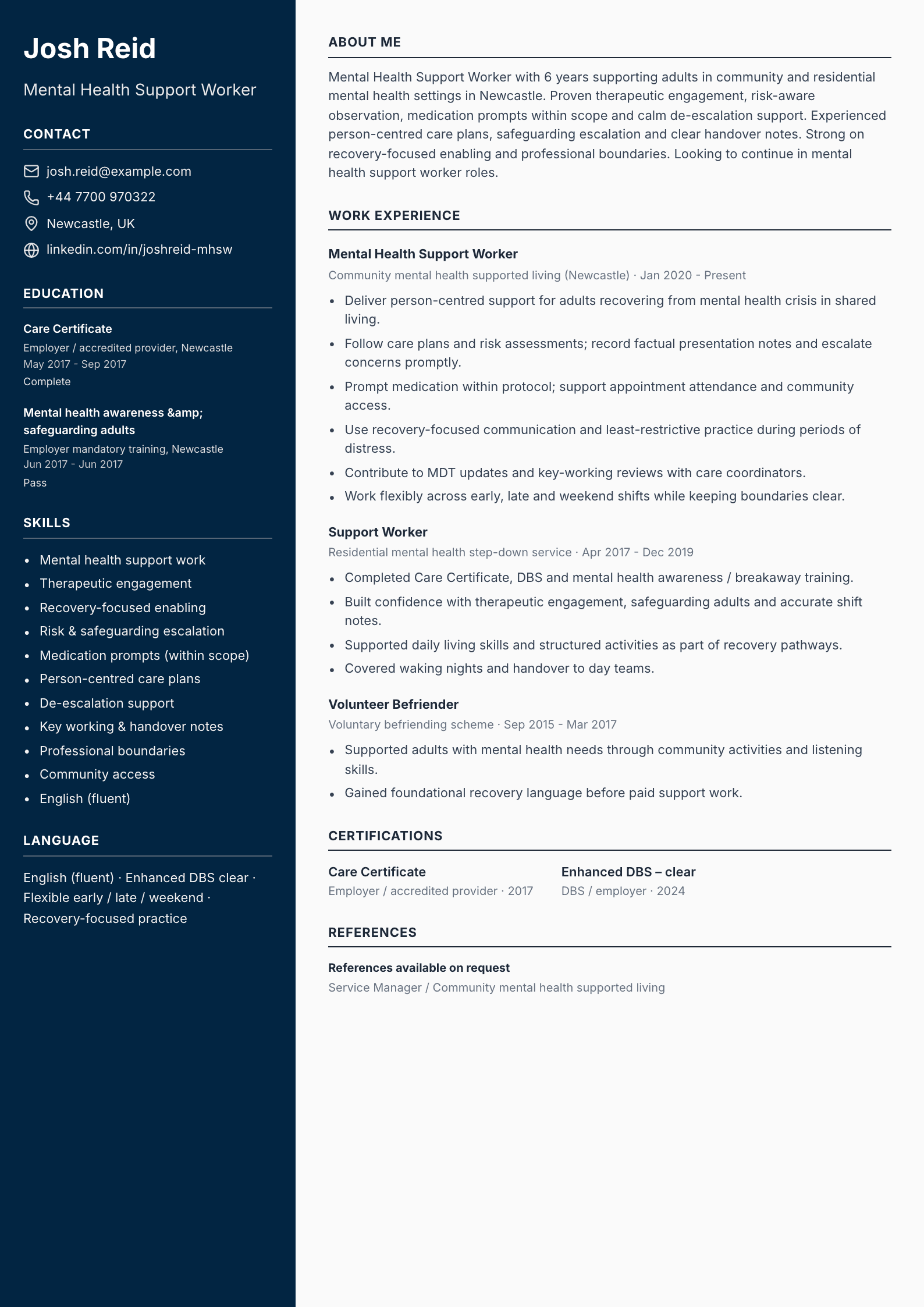 Mental health support worker CV template