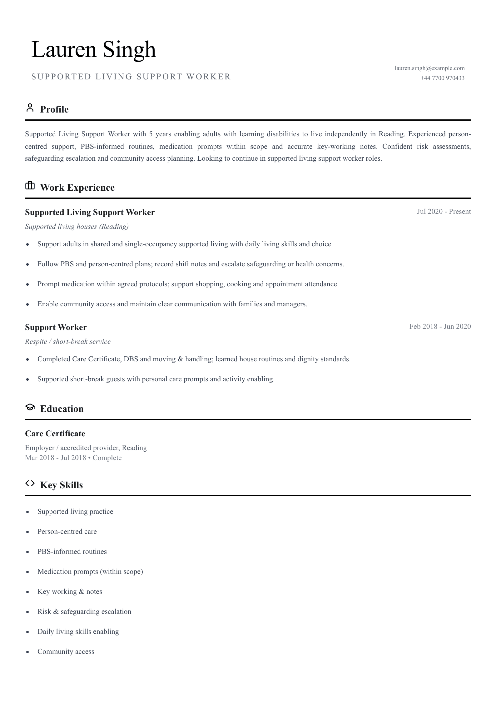 supported living support worker cv template