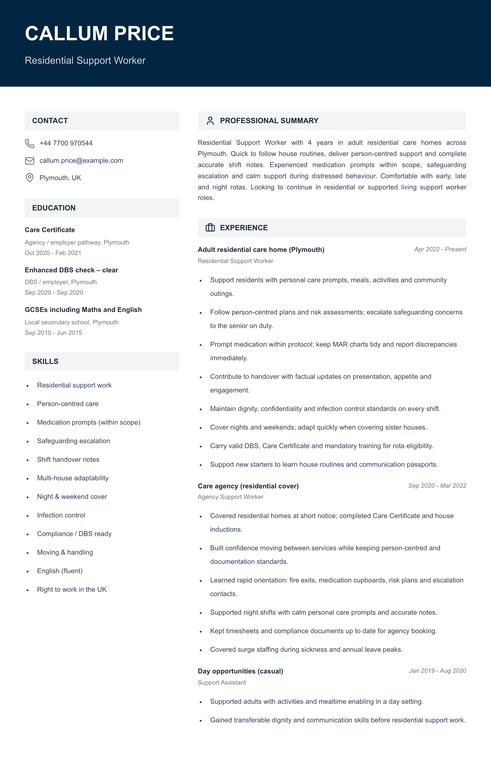 Residential support worker CV template