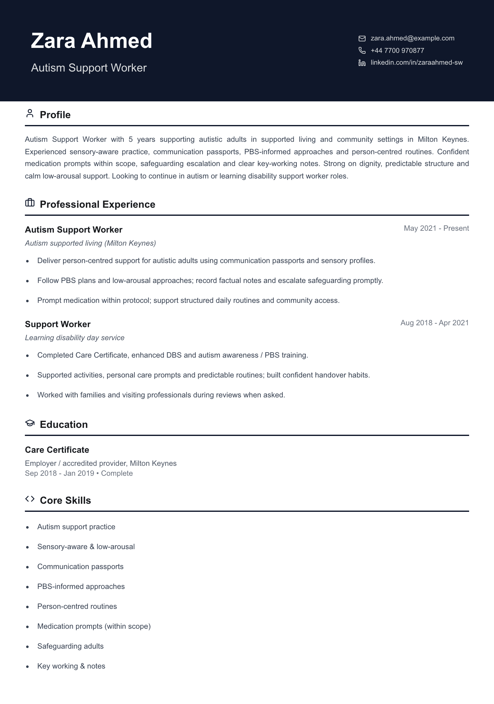 autism support worker cv template
