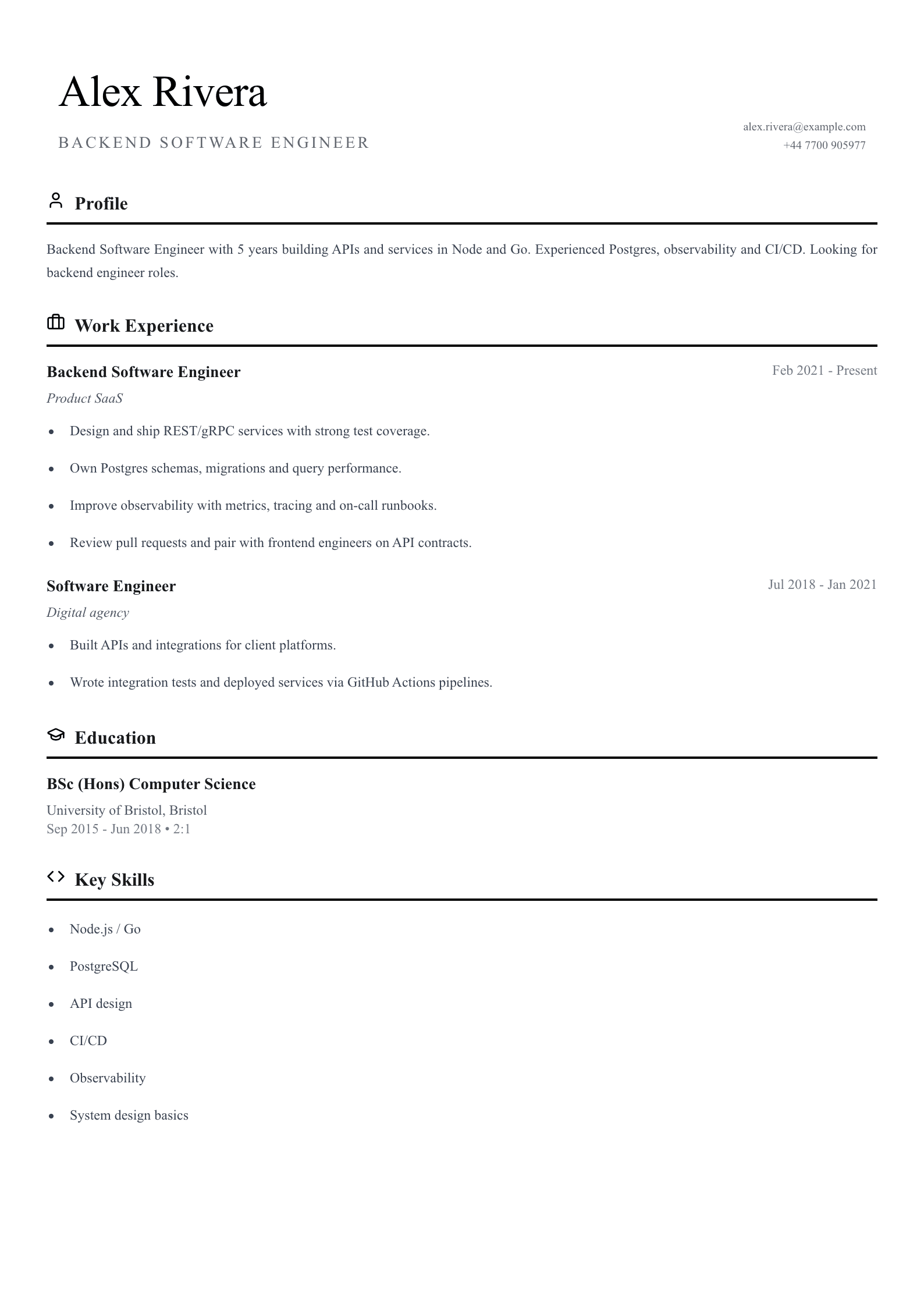 backend software engineer cv template
