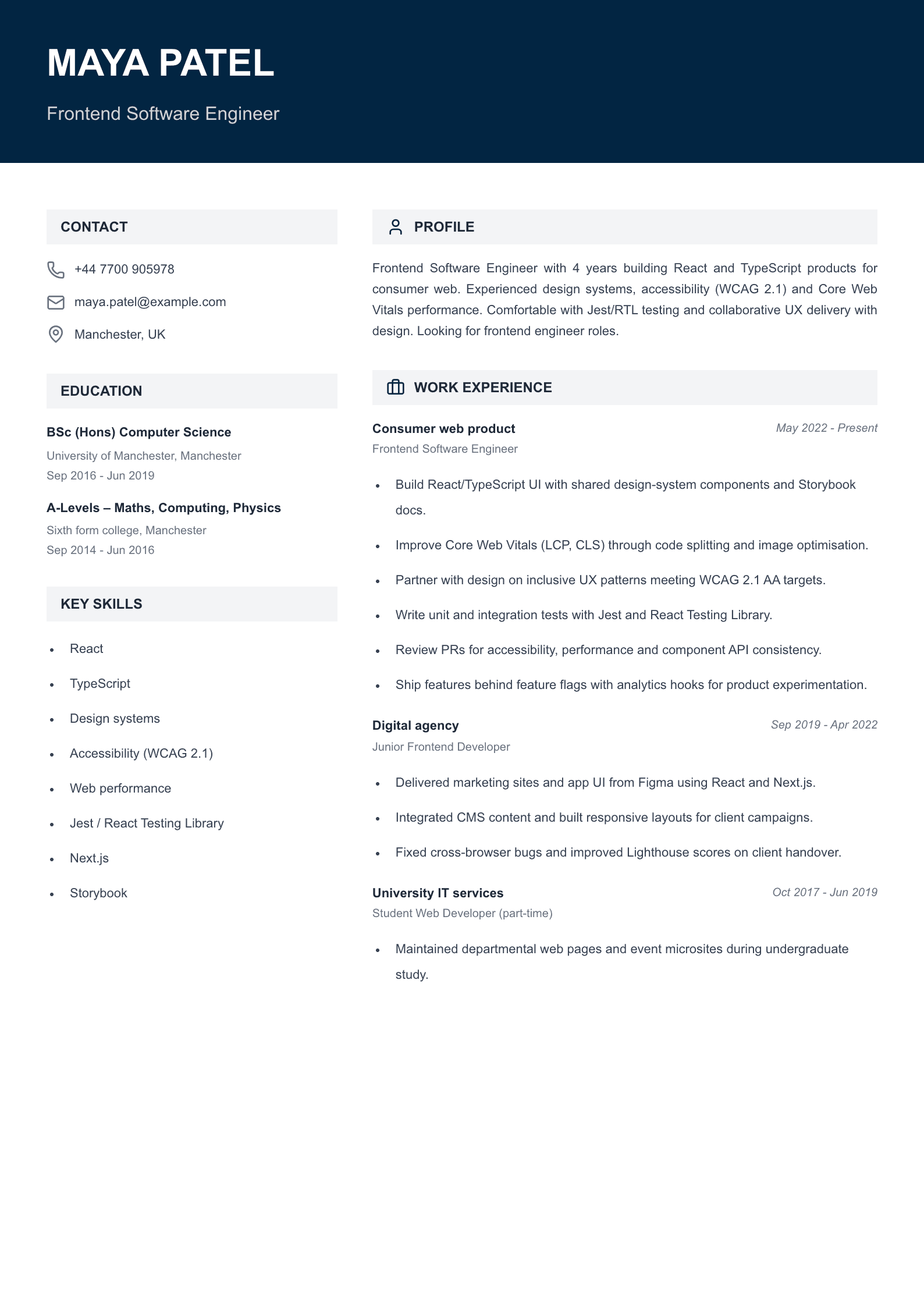 frontend software engineer cv template