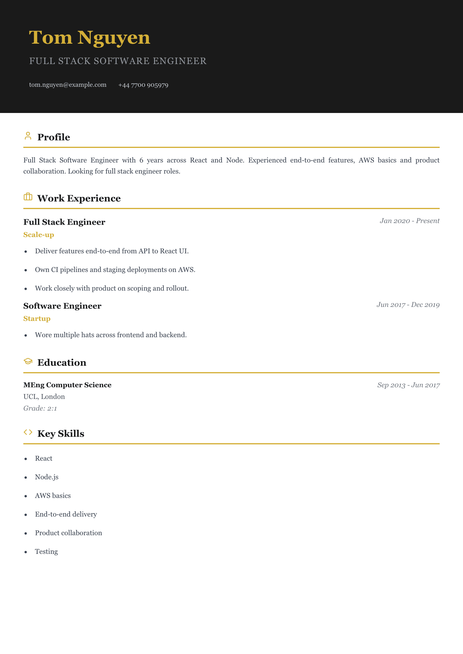 full stack software engineer cv template