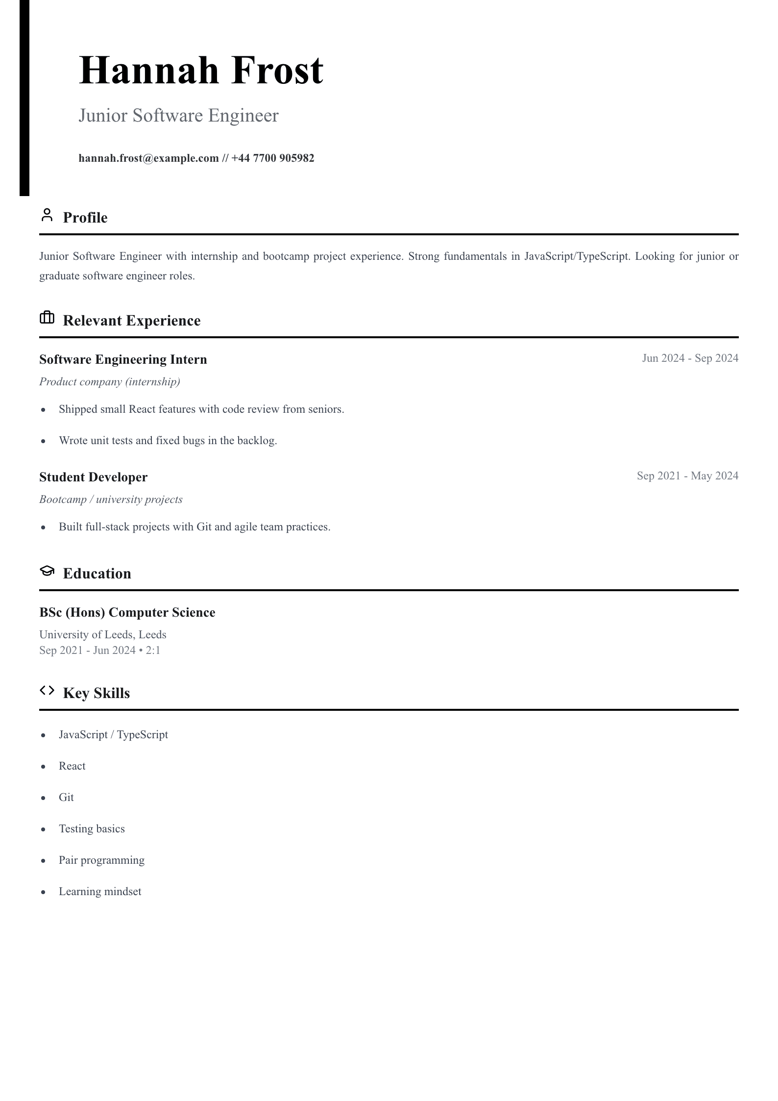 junior software engineer cv template