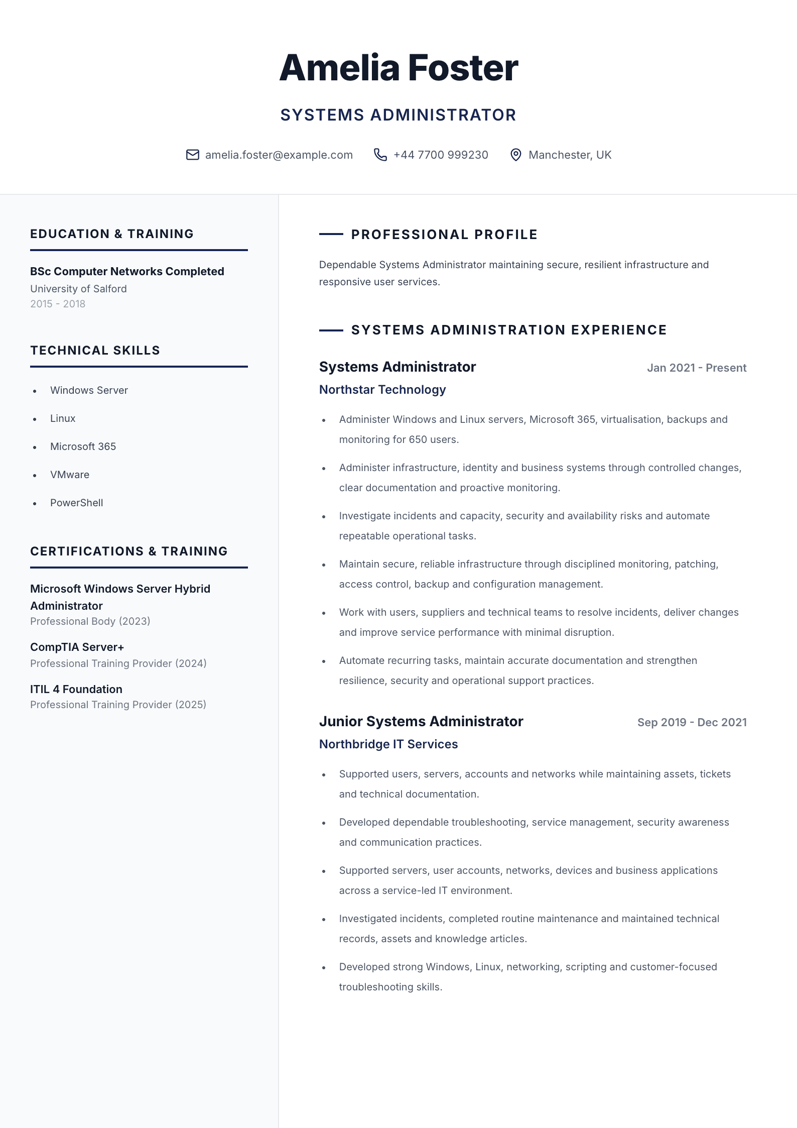 Systems administrator CV