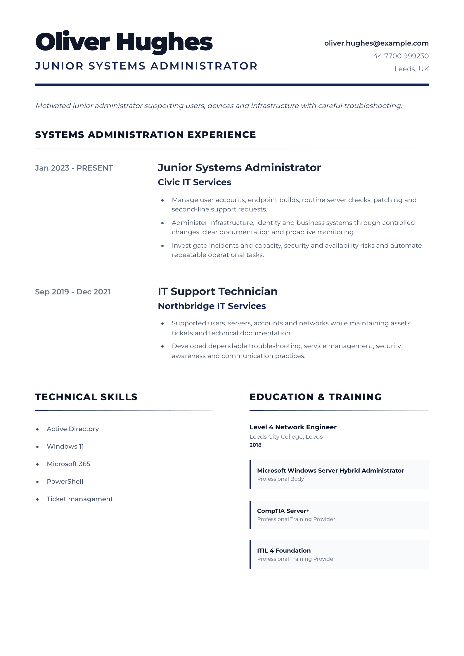 Junior Systems Administrator CV template