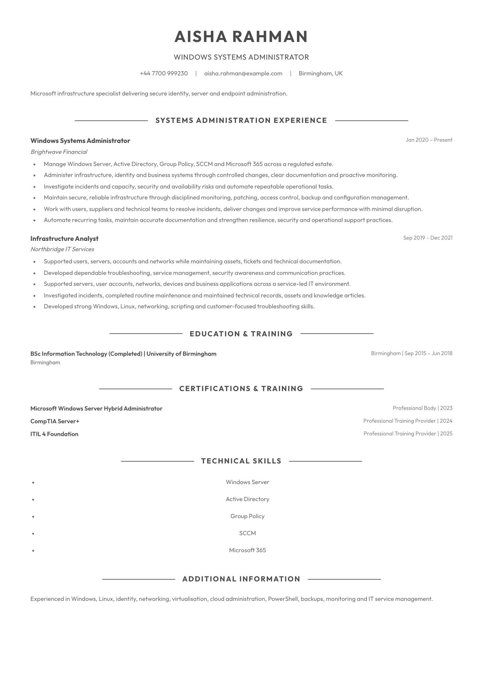 Windows Systems Administrator CV template