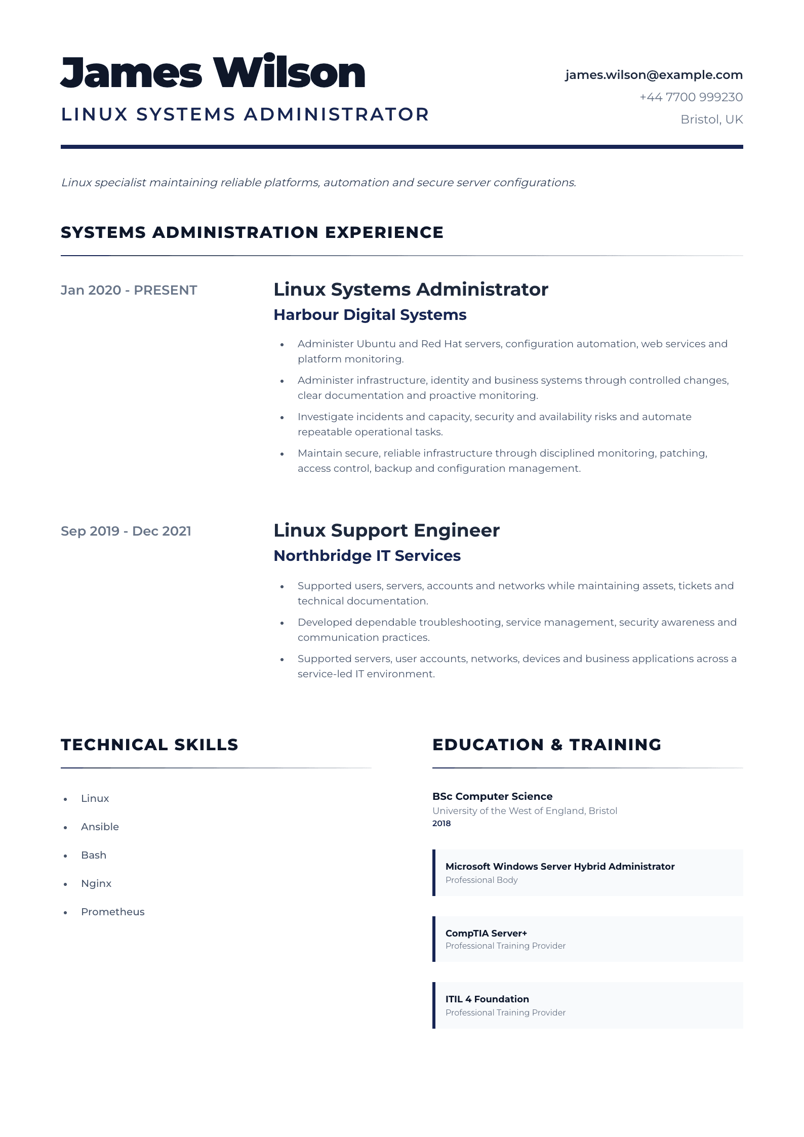 Linux Systems Administrator CV template