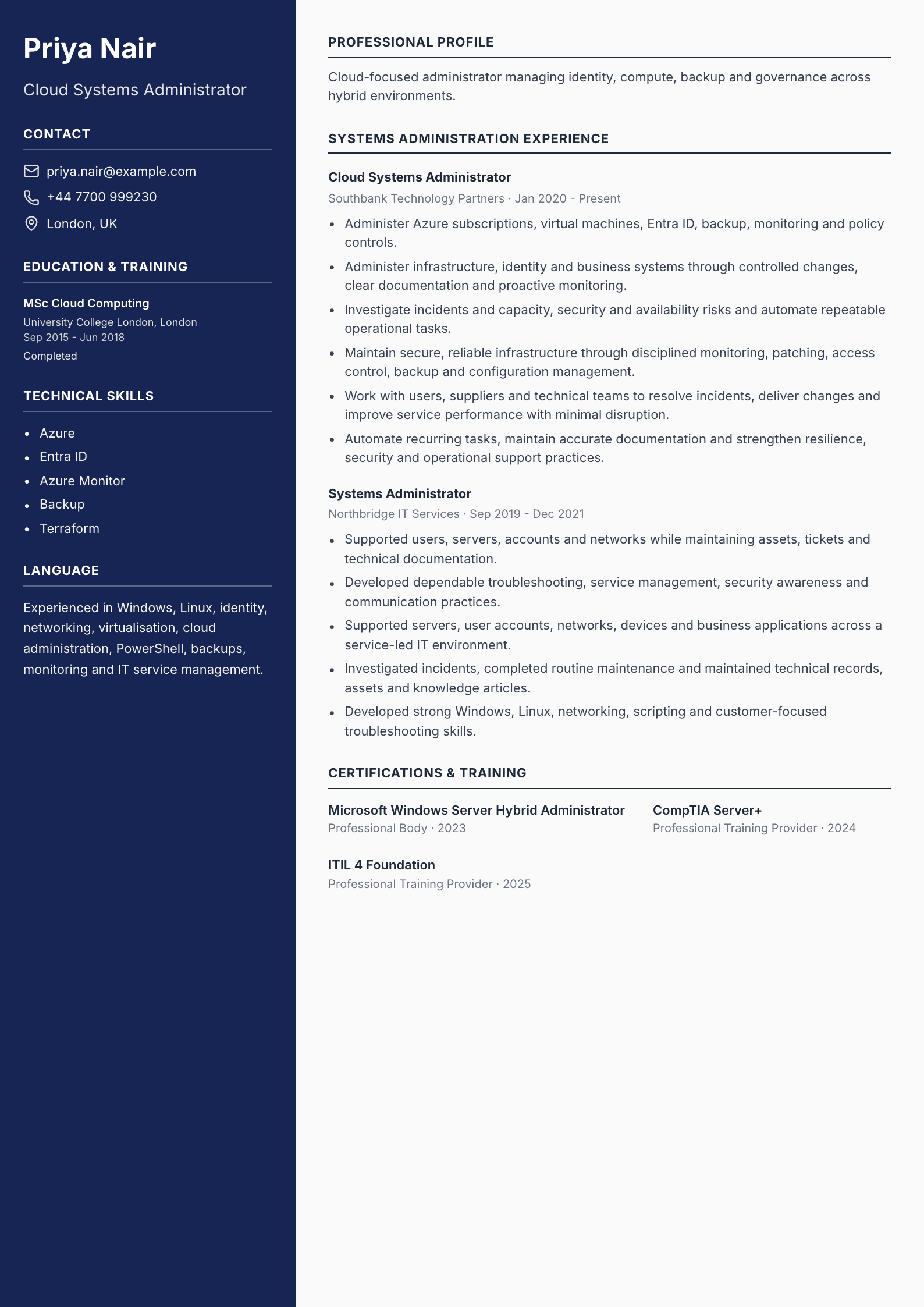 Cloud Systems Administrator CV template