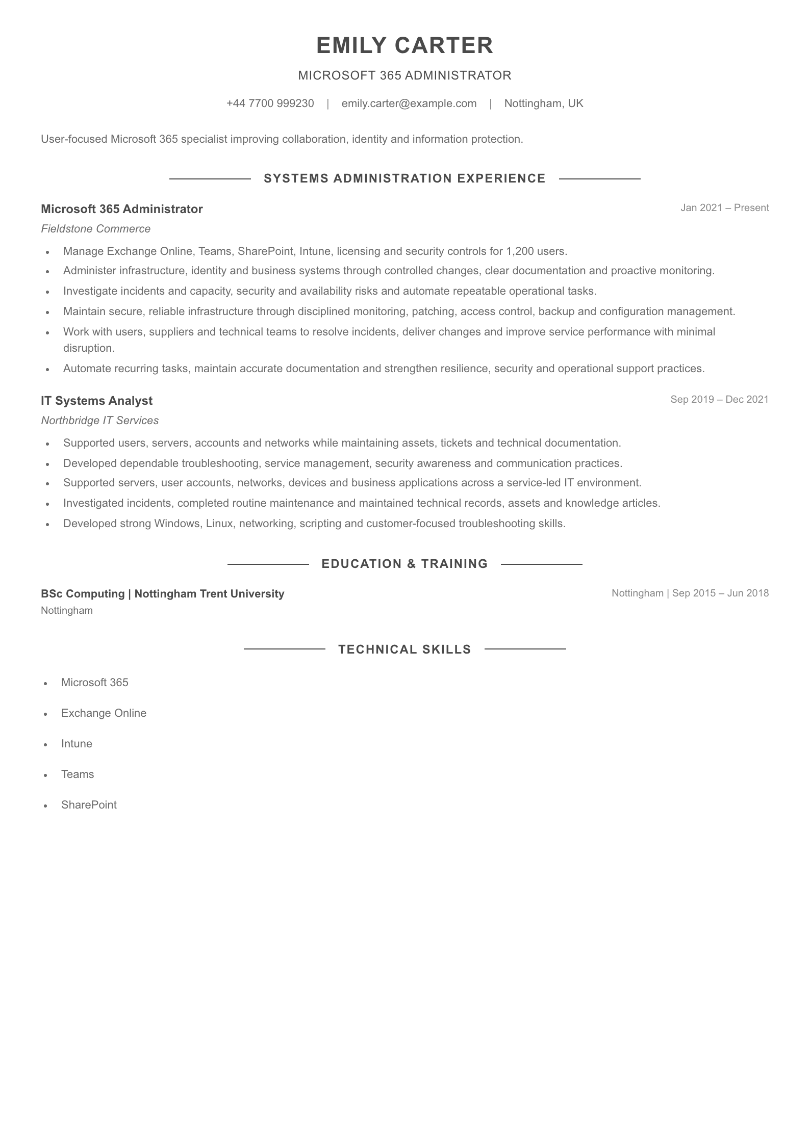 Microsoft 365 Administrator CV template