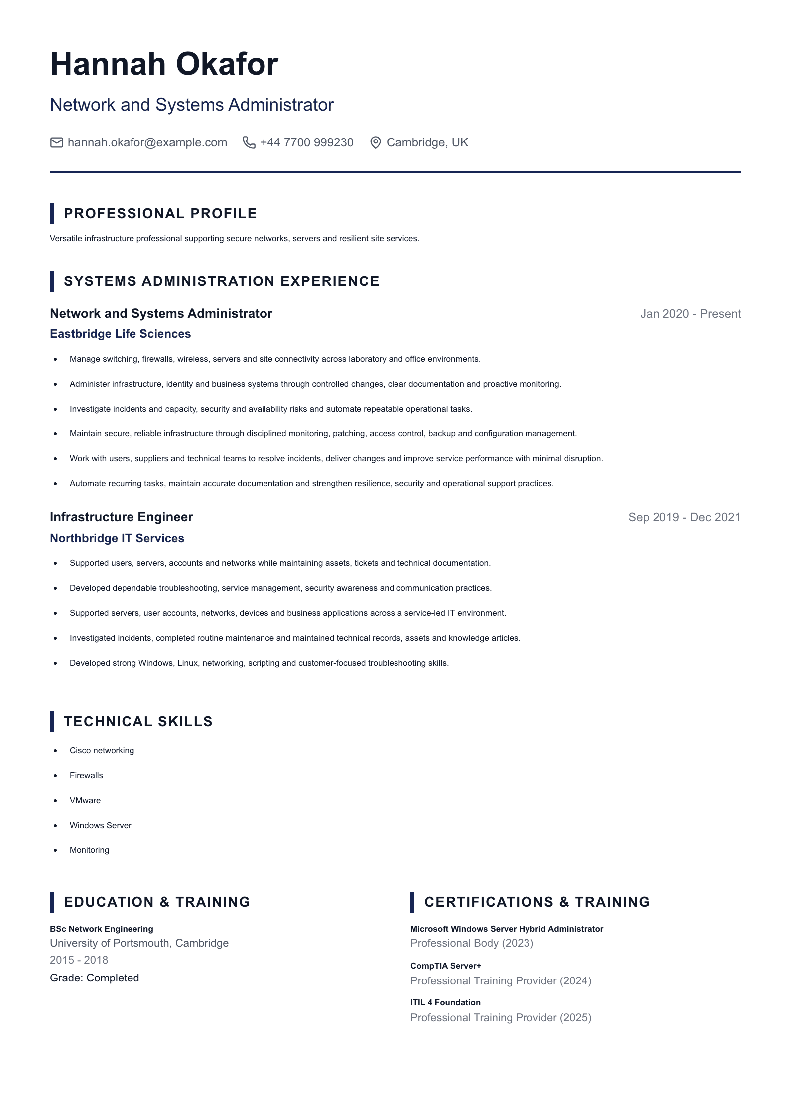Network and Systems Administrator CV template