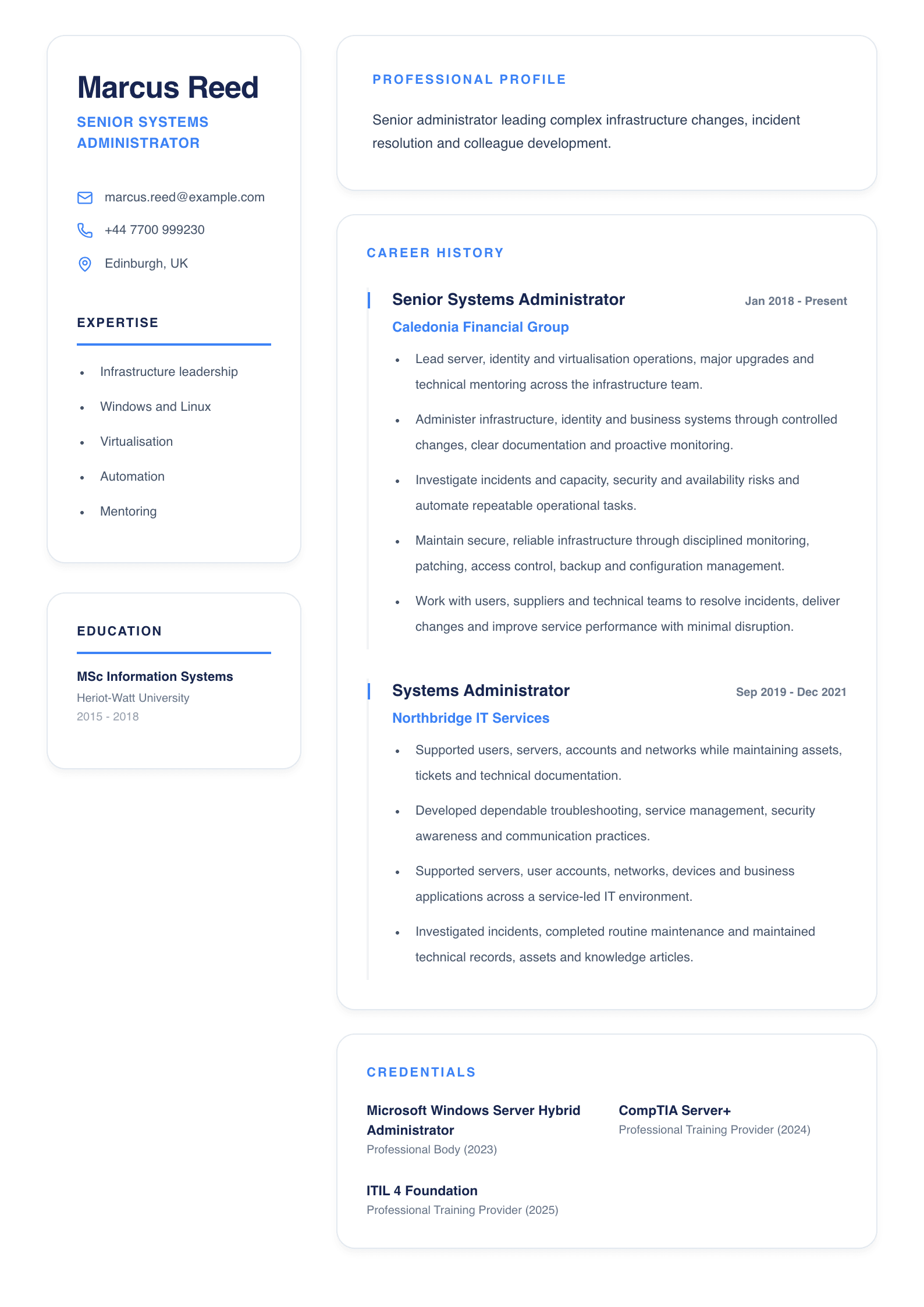 Senior Systems Administrator CV template