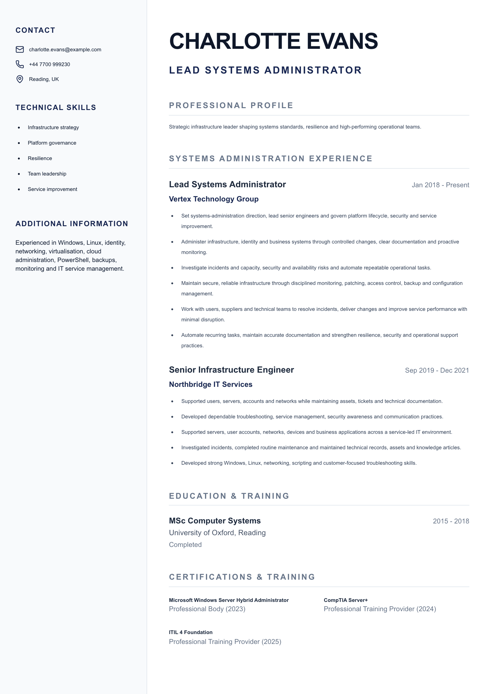 Lead Systems Administrator CV template