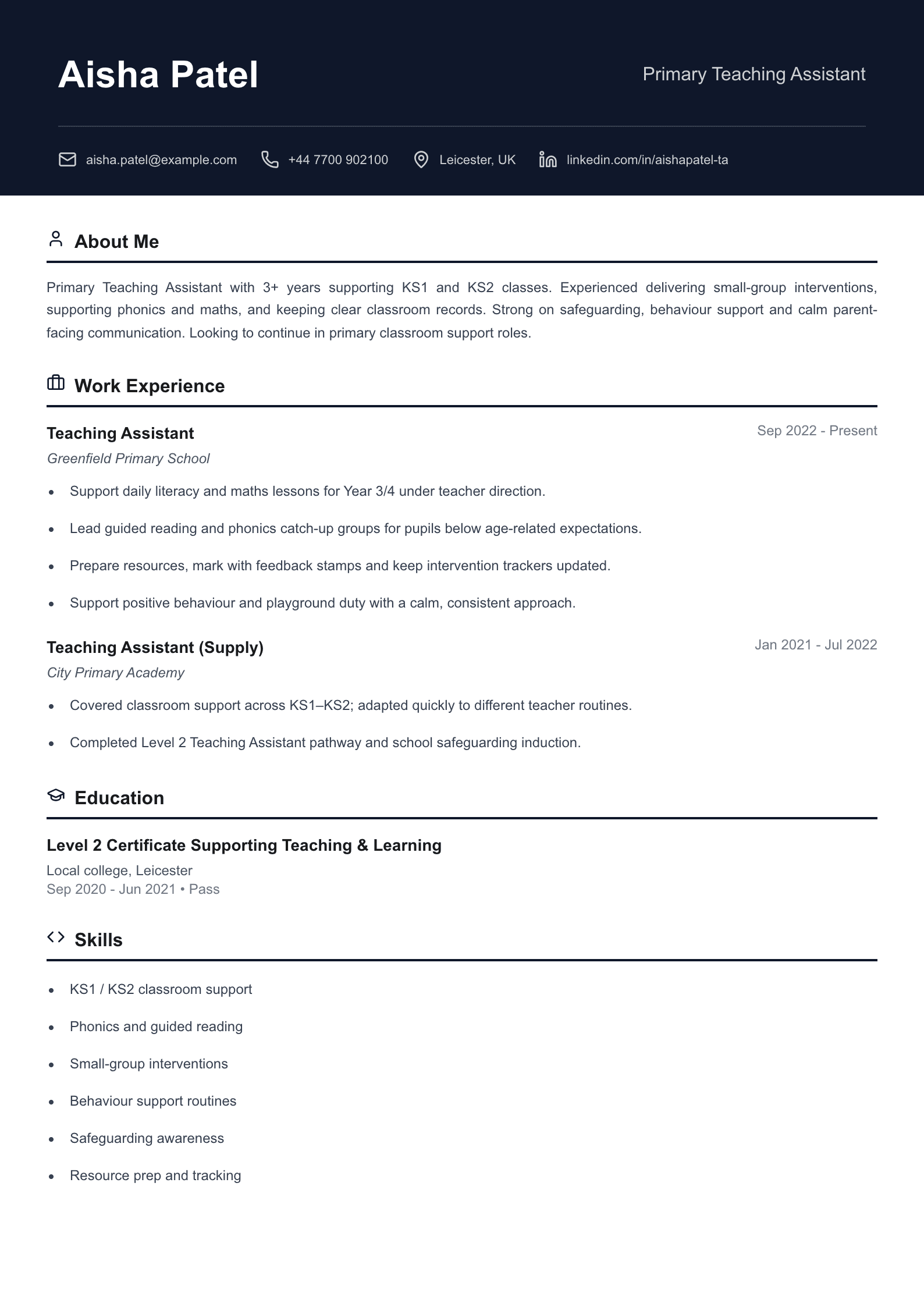 Primary teaching assistant CV template