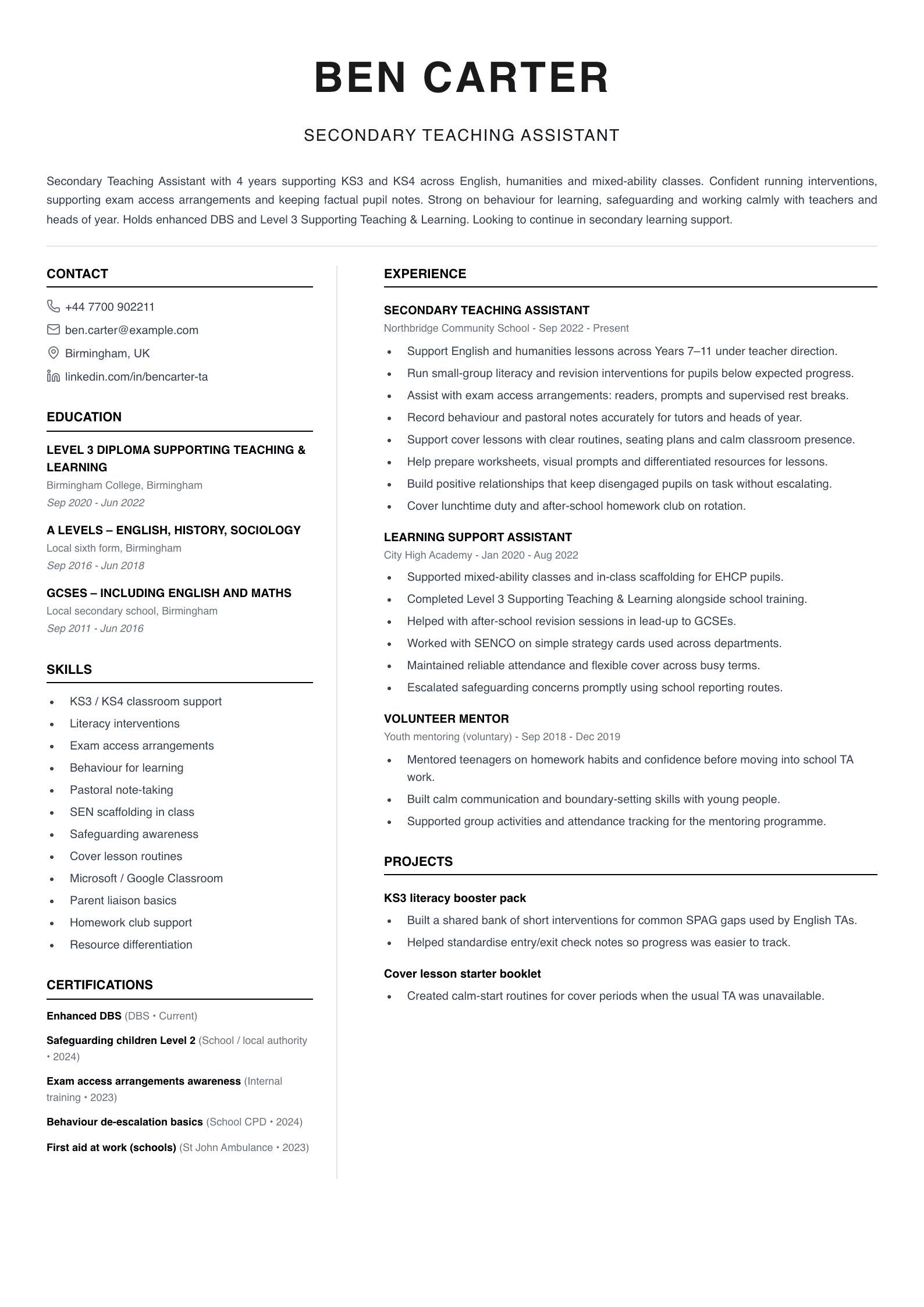 secondary teaching assistant cv template