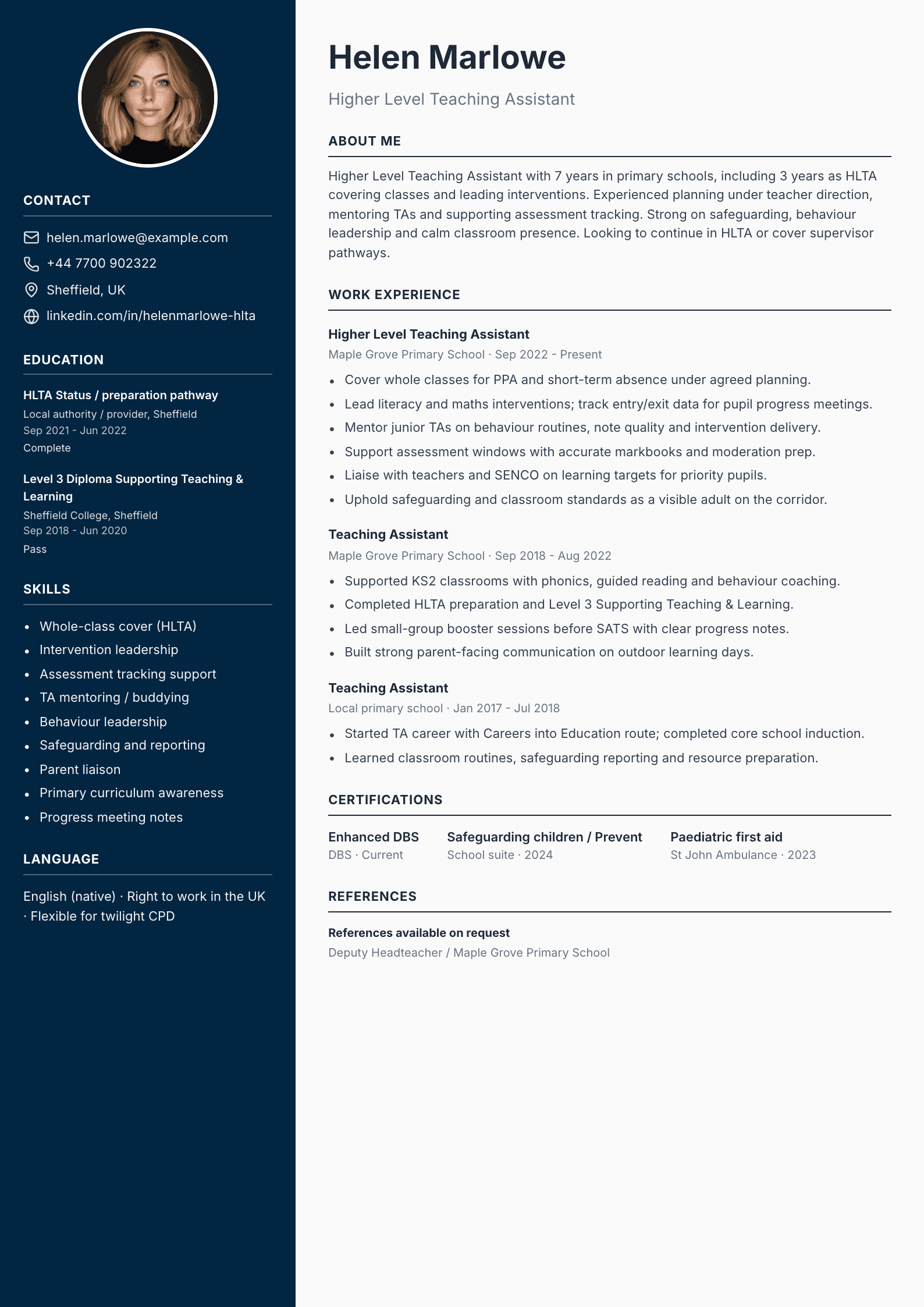 Higher level teaching assistant CV template