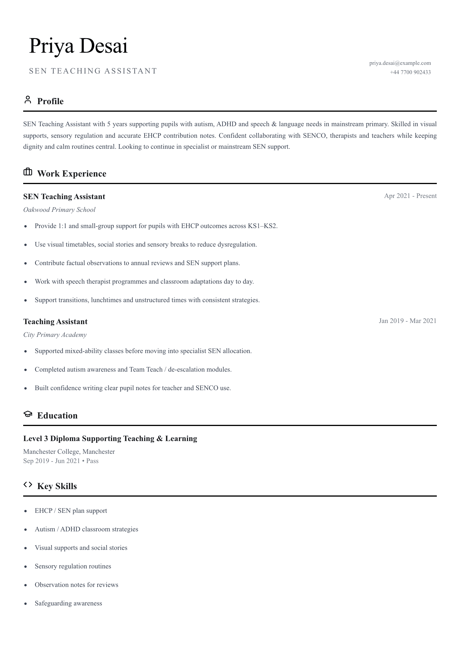SEN teaching assistant CV template