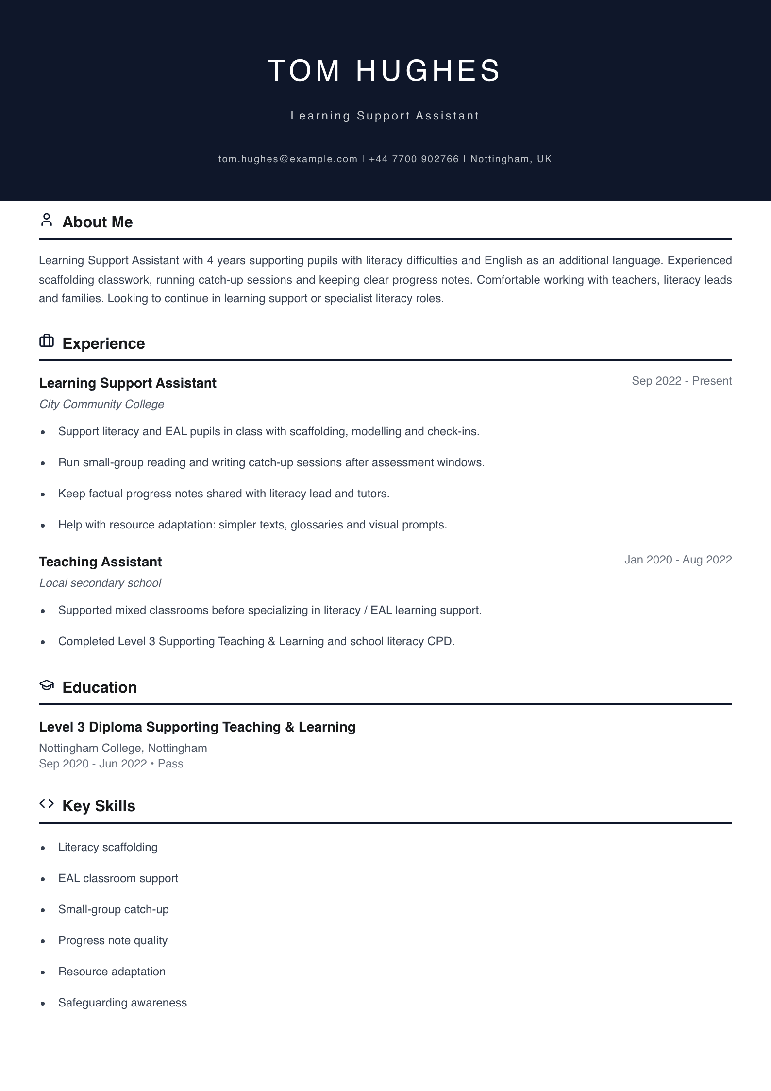 learning support assistant cv template