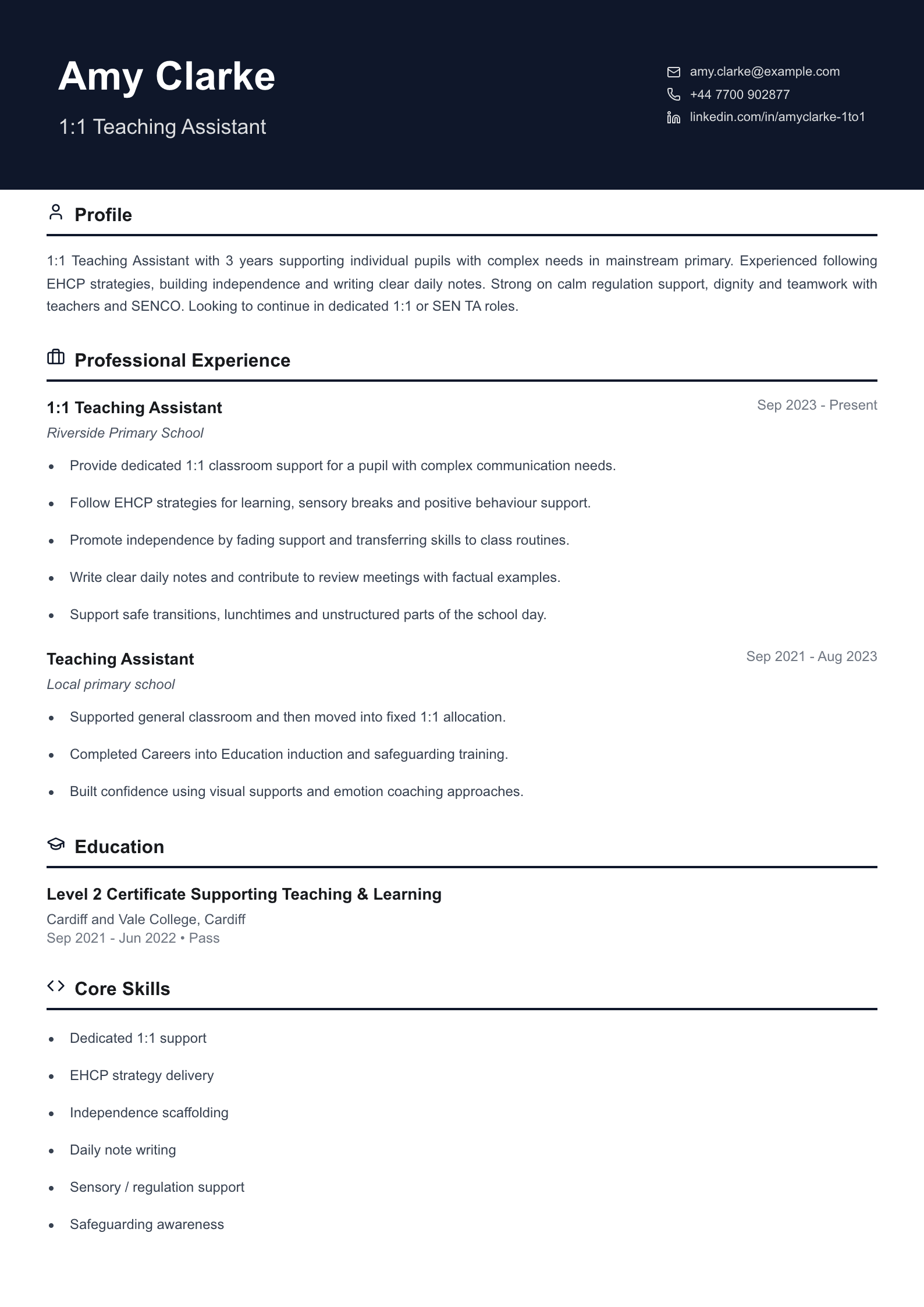 one to one teaching assistant cv template